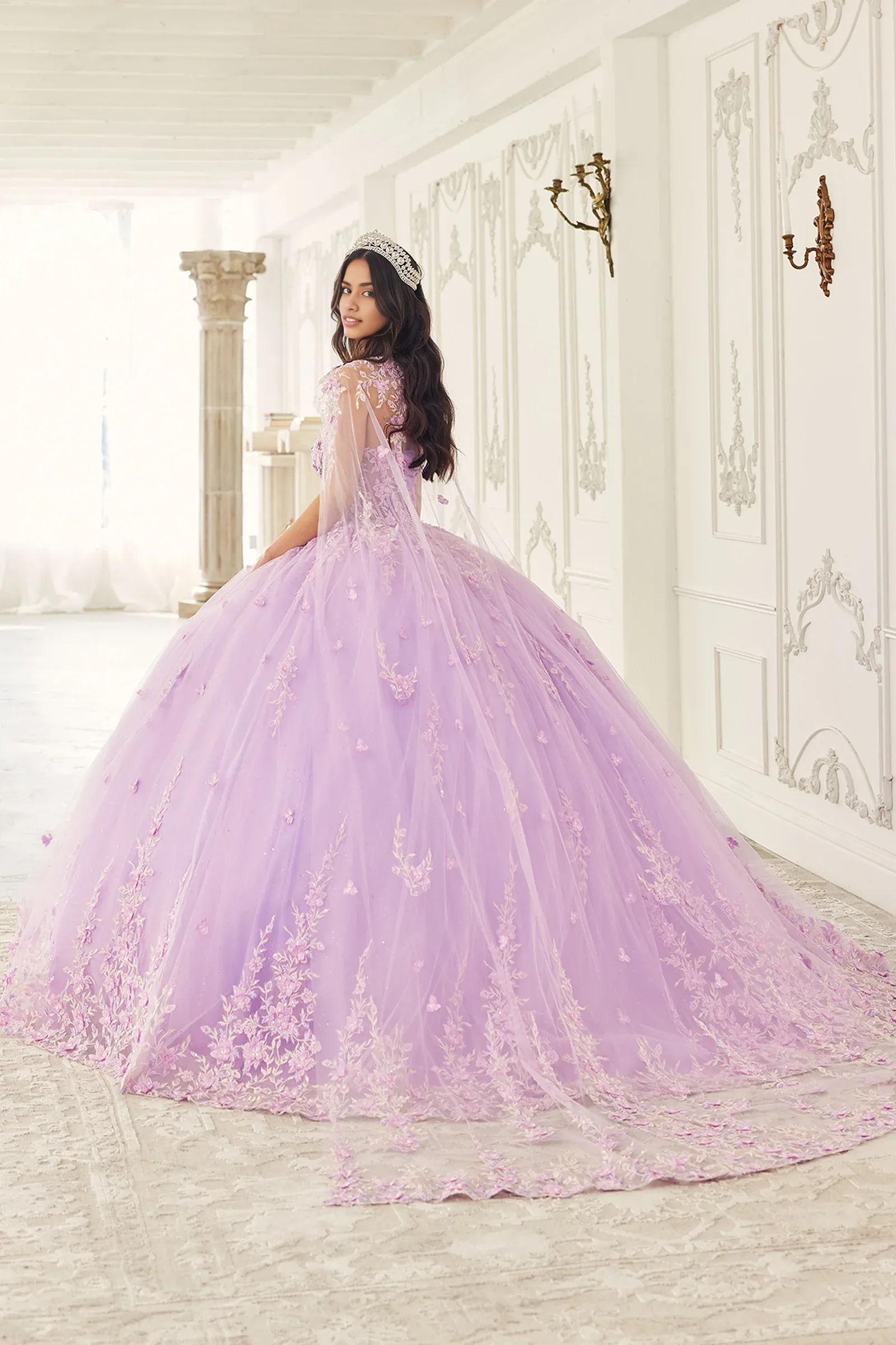 Floral Applique Strapless Cape Ball Gown Floral Dress Quinceanera Prom Dresses