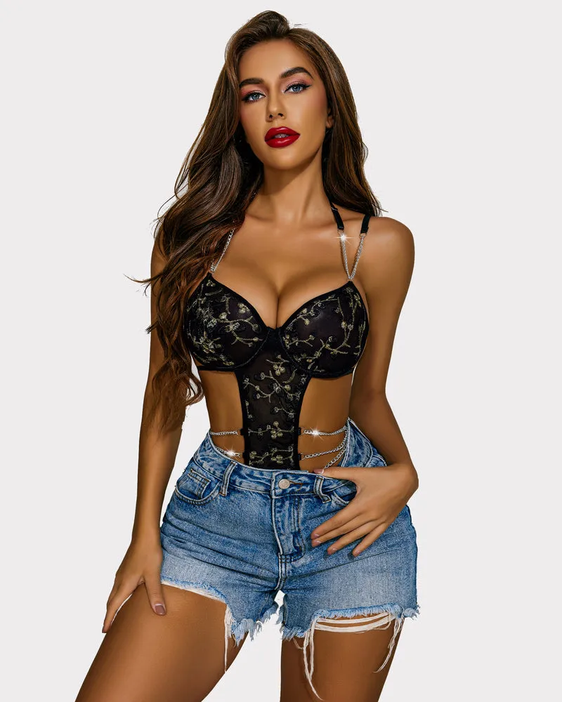 Floral Bodysuit Push Up Lingerie Chain Garter Set