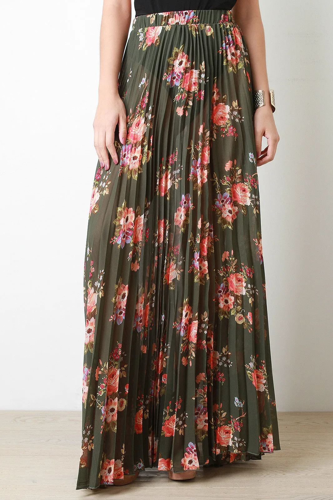 Floral Chiffon Accordion Maxi Skirt