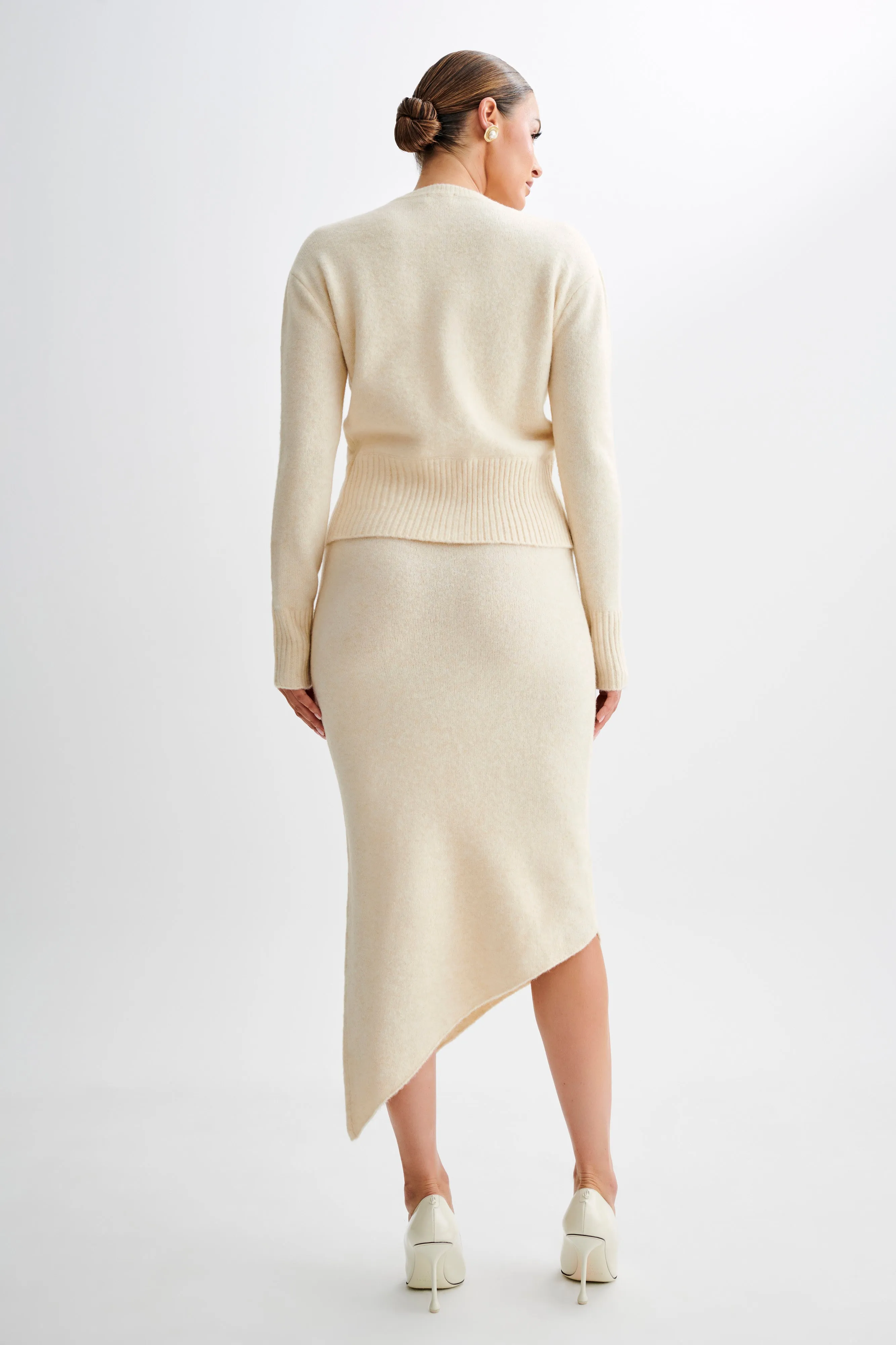 Genevieve Asymmetrical Knit Midi Skirt - Cream Marle