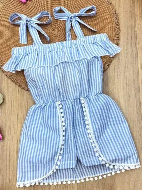 Girls Ruffled Striped Skirted Tie Straps Romper