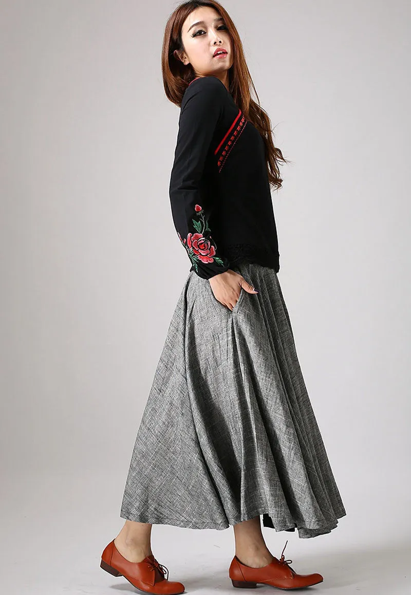 Gray linen skirt woman maxi skirt custom made layered long skirt 0868#