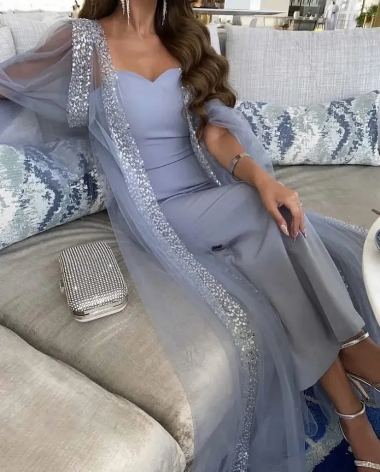 Grey Blue Arabia Prom Dresses Mermaid With Cape Sleeveless Ankle-Length Formal Dresses For Women Party Gown L 070634293