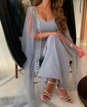 Grey Blue Arabia Prom Dresses Mermaid With Cape Sleeveless Ankle-Length Formal Dresses For Women Party Gown L 070634293