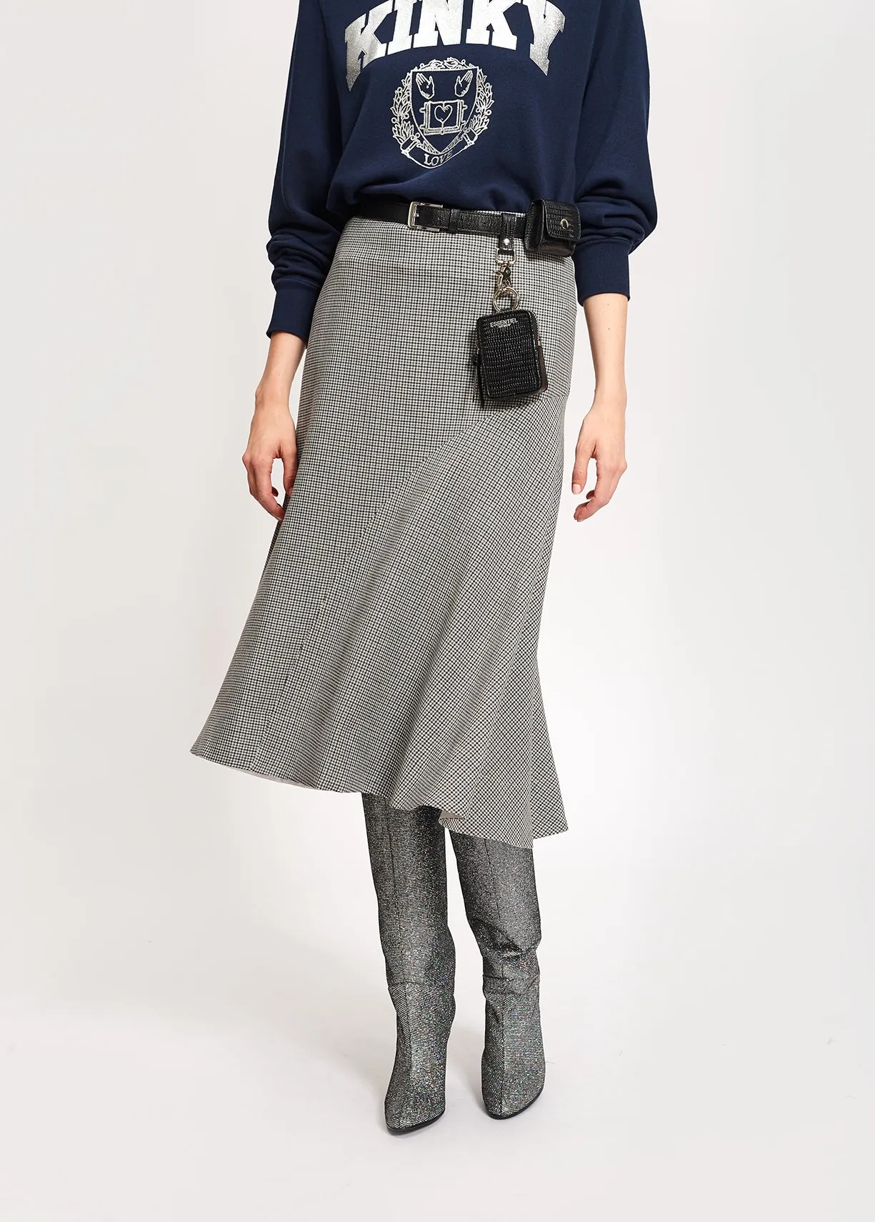 Grey houndstooth midi skirt