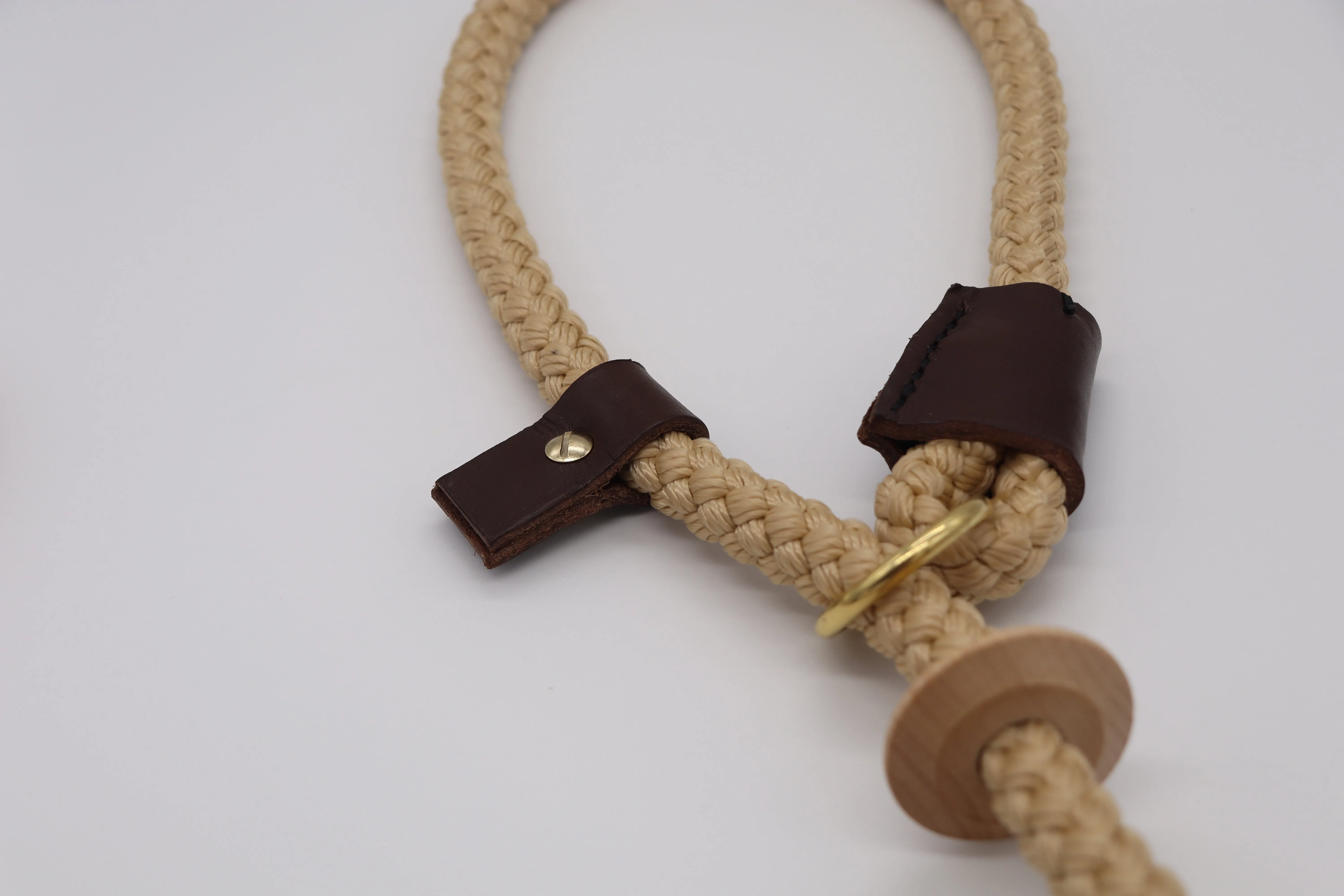 Handmade Slip Lead - Beige Rope with Leather and Wooden Stopper