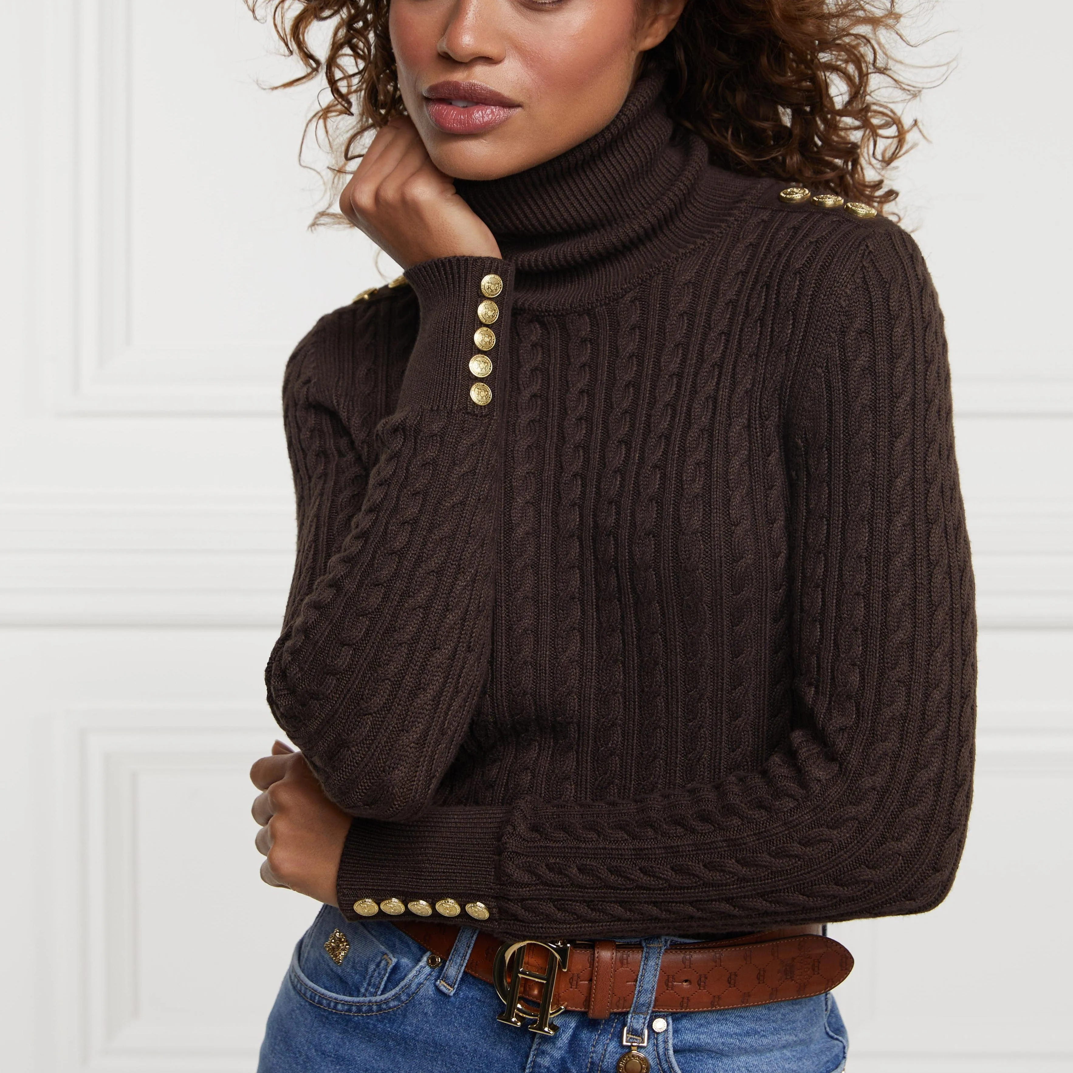 Holland Cooper Seattle Roll Neck Cable Knit in Chocolat