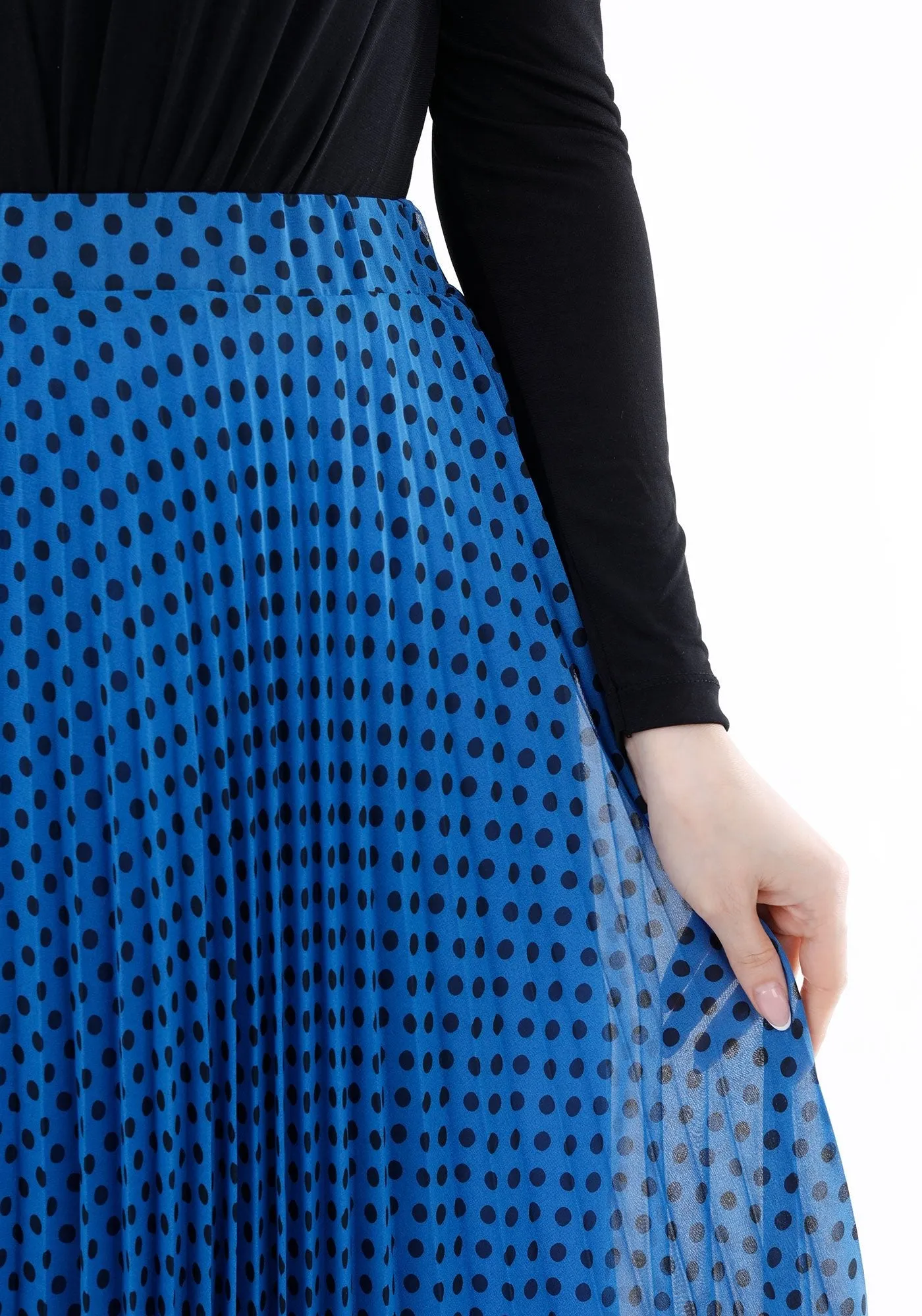 Indigo Chiffon Polka Dot Pattern Pleated Midi Skirt