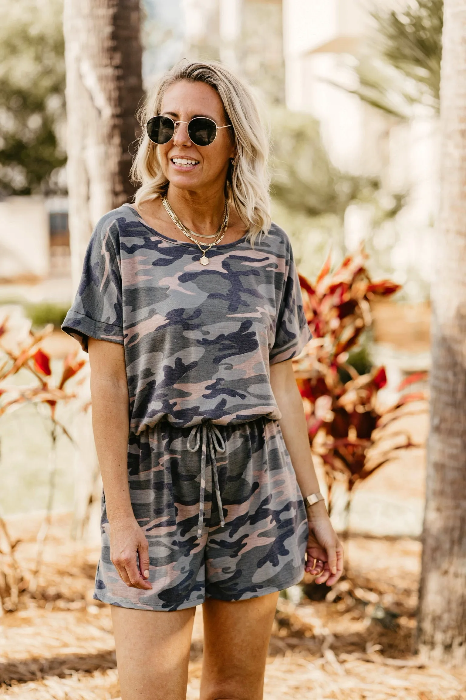 Let Me Loose Short Sleeve Drawstring Waist Tee Shirt Romper in Camouflage