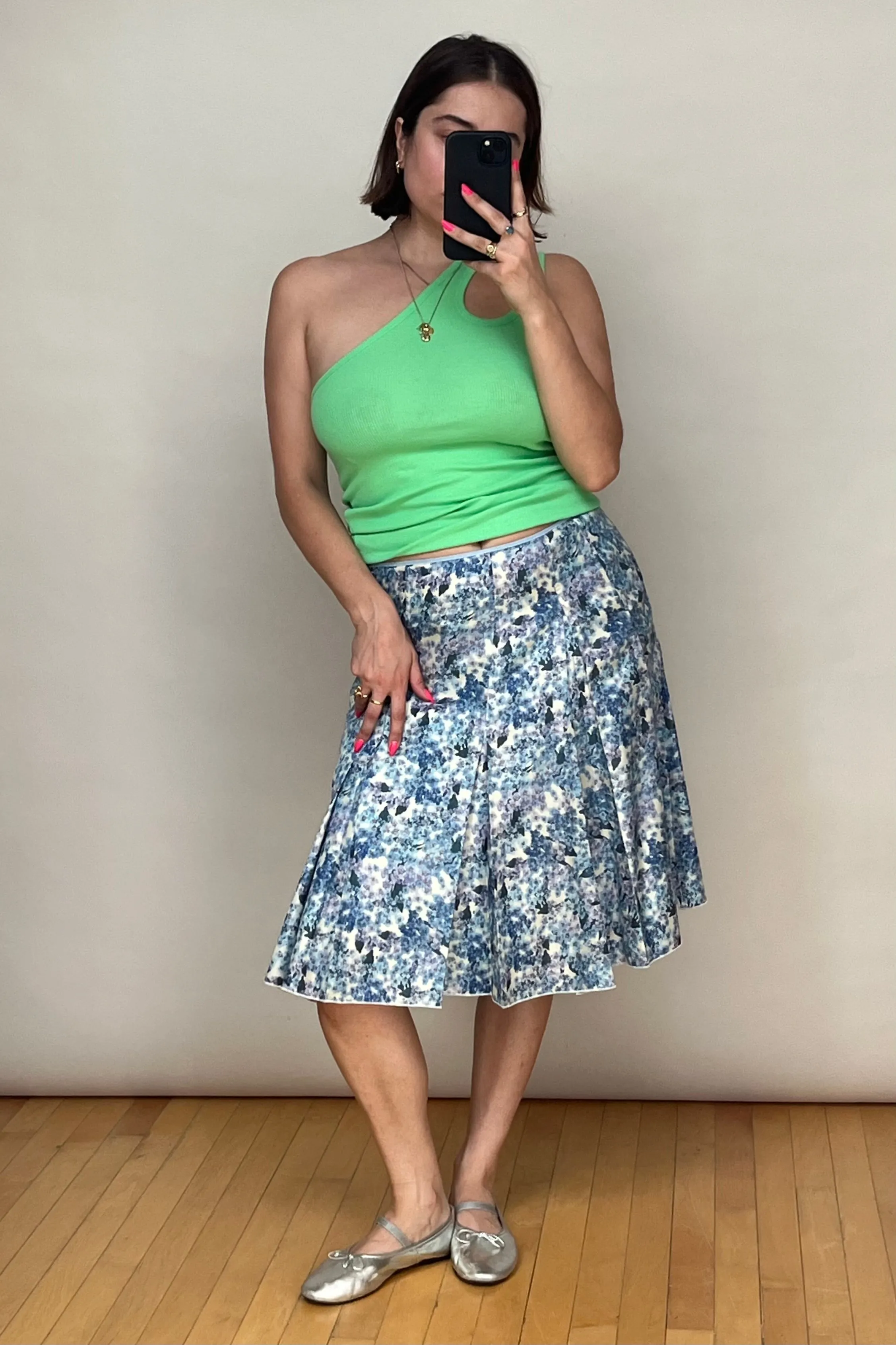 Light Blue & Multicolour Silk Floral Pleated Skirt