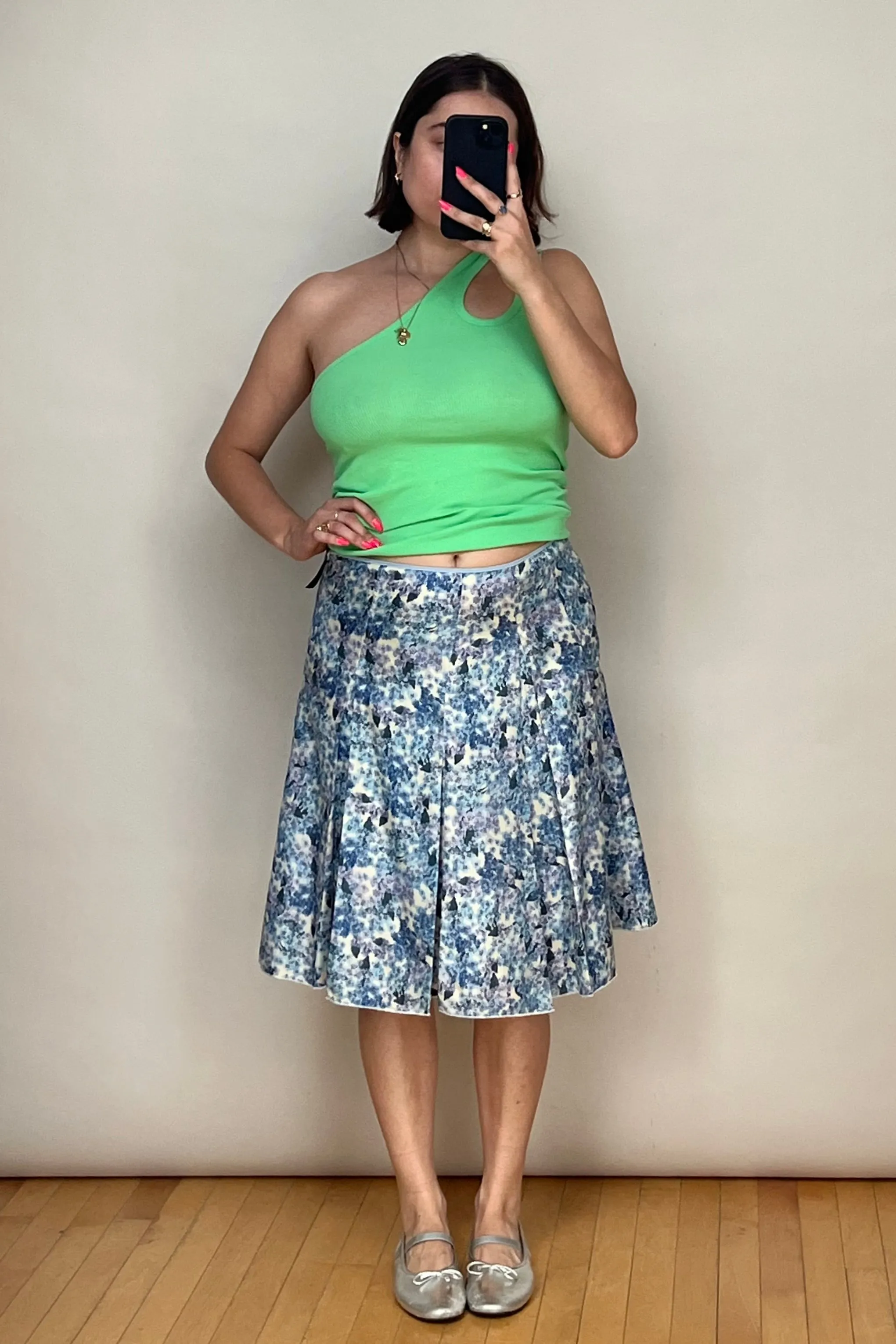 Light Blue & Multicolour Silk Floral Pleated Skirt