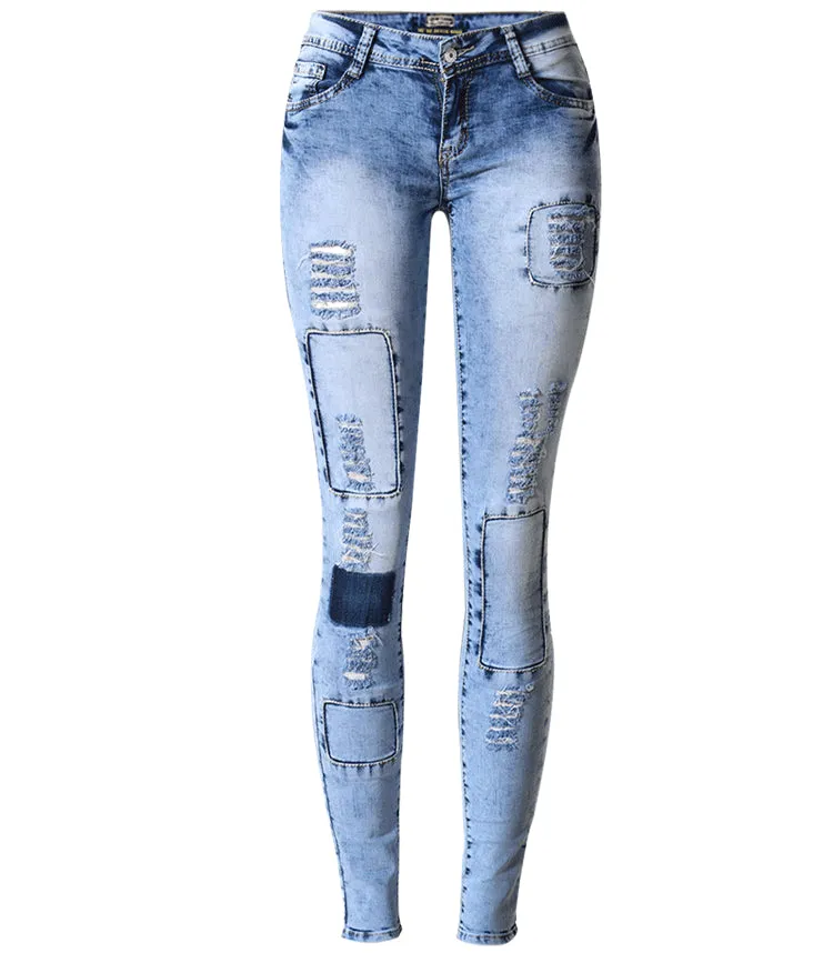 LOW WAIST SKY BLUE PATCHWORK SKINNY PUSH UP PENCIL DENIMS