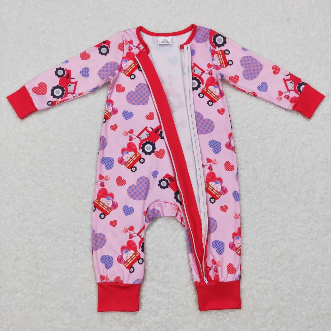 LR0774 baby girl Truck Print Valentine's Day romper