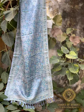 Luxury Redefined: Grey and Blue Handloom Printed Banarasi Silk Scarf