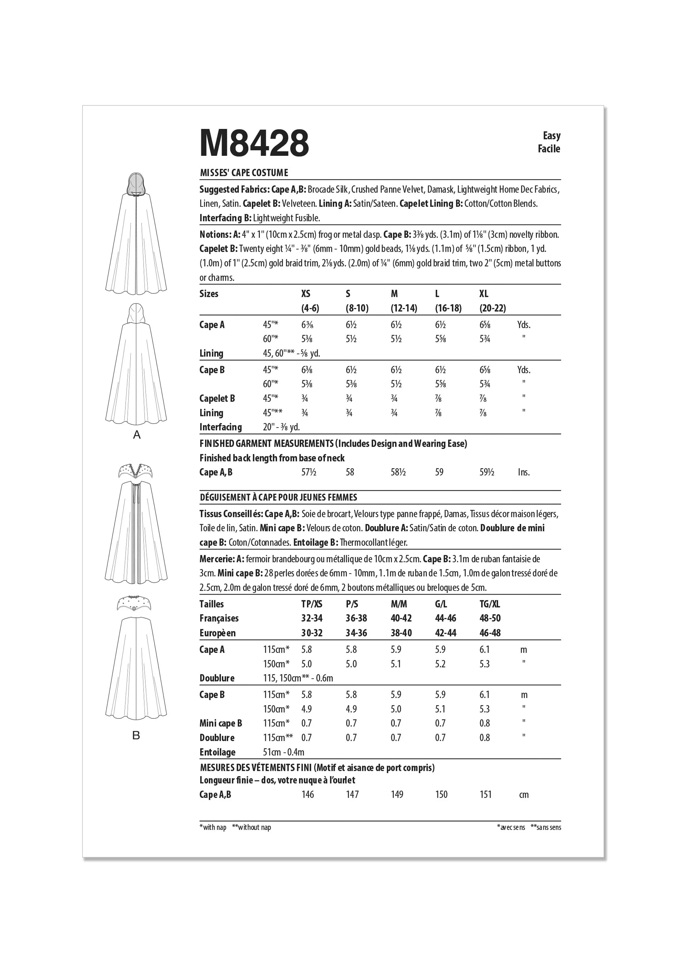 McCall's sewing pattern M8428 Misses' Cape Costume