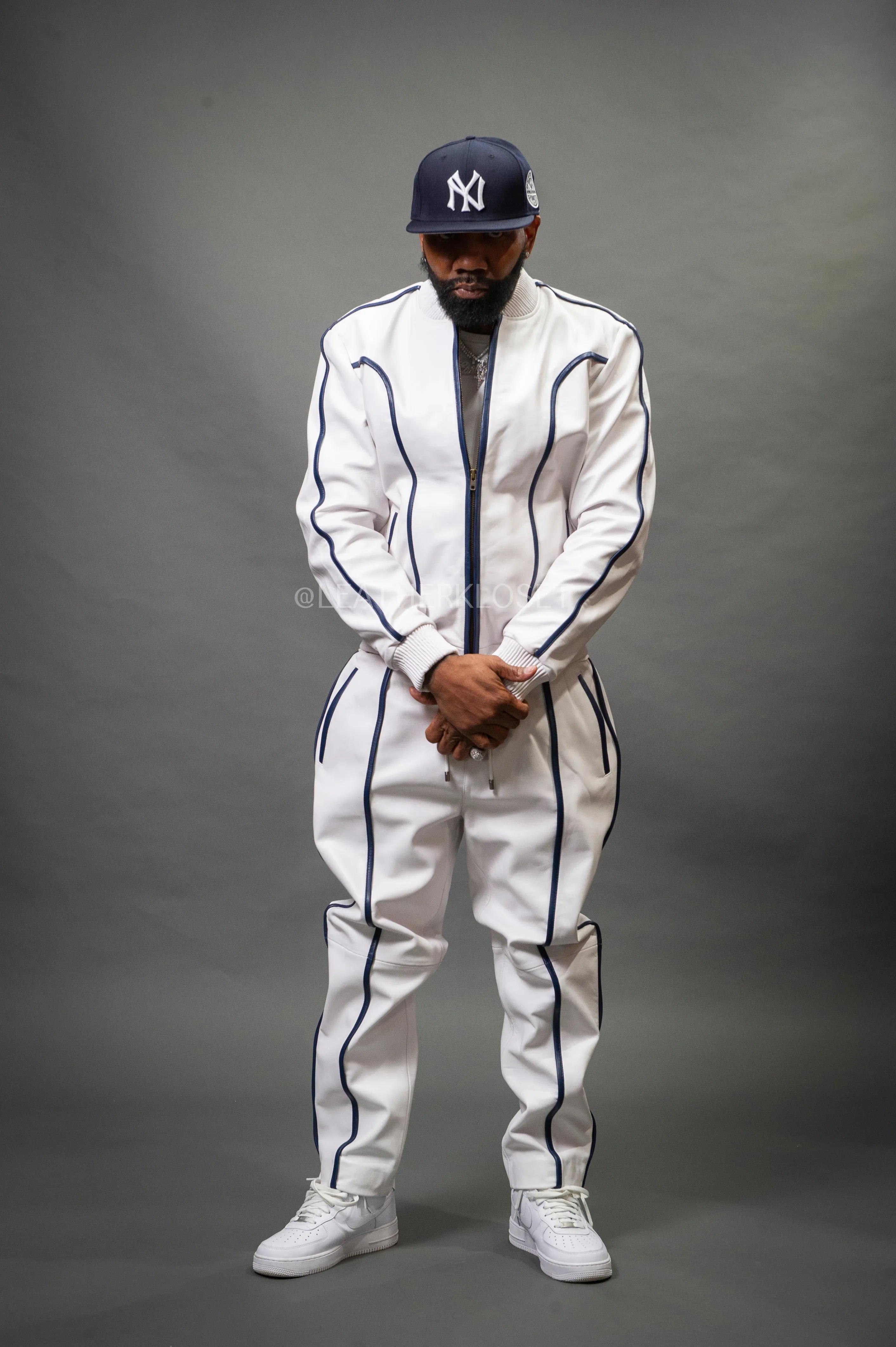 Men's Brayden Leather Track Suit Sweatsuit [White/Navy]