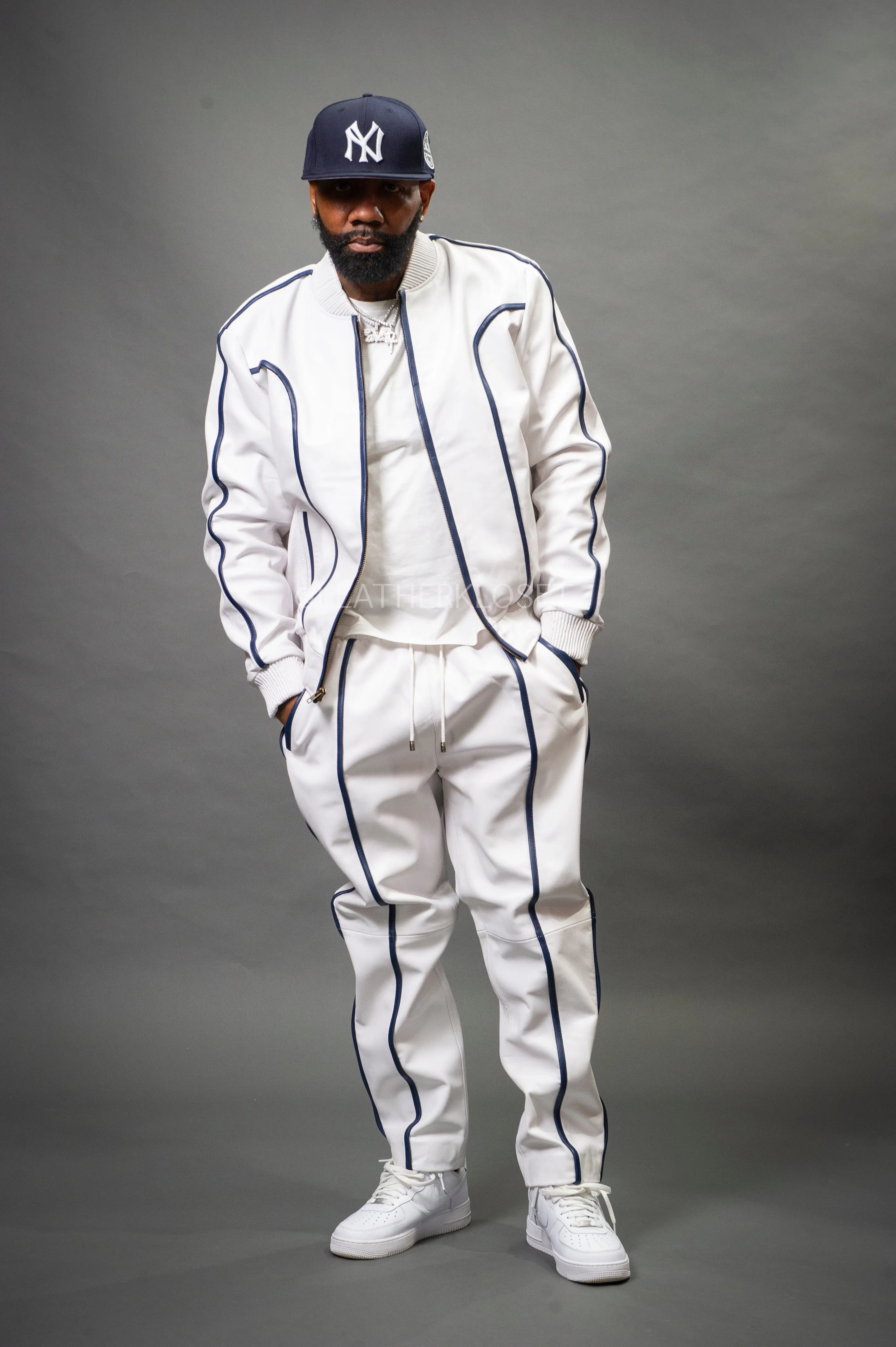 Men's Brayden Leather Track Suit Sweatsuit [White/Navy]