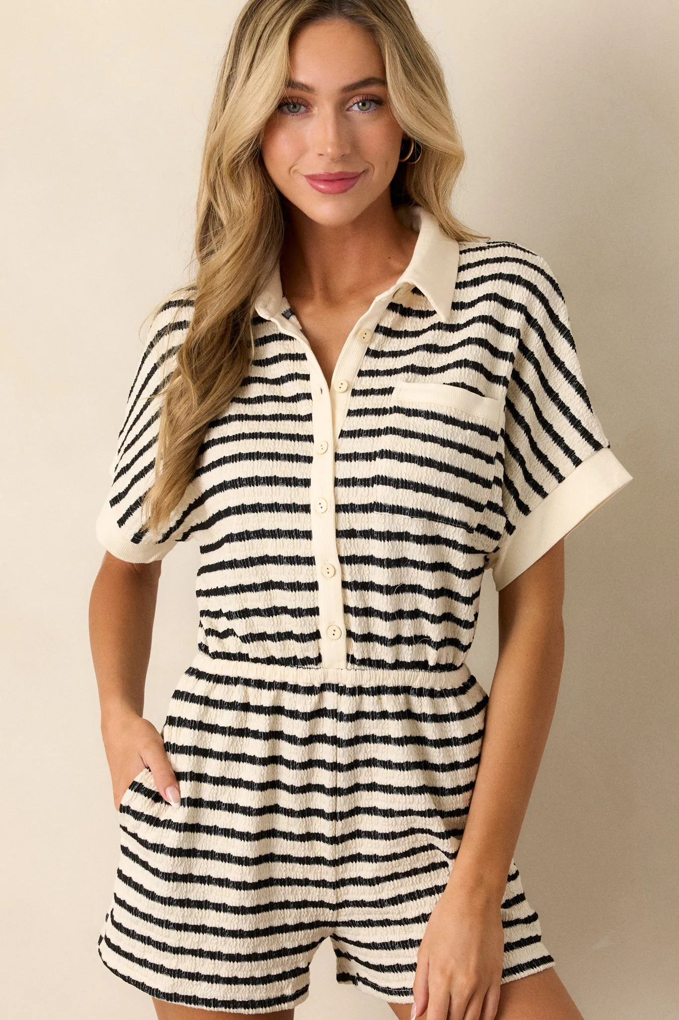 Mosaic Monochrome Black Stripe Button Front Romper