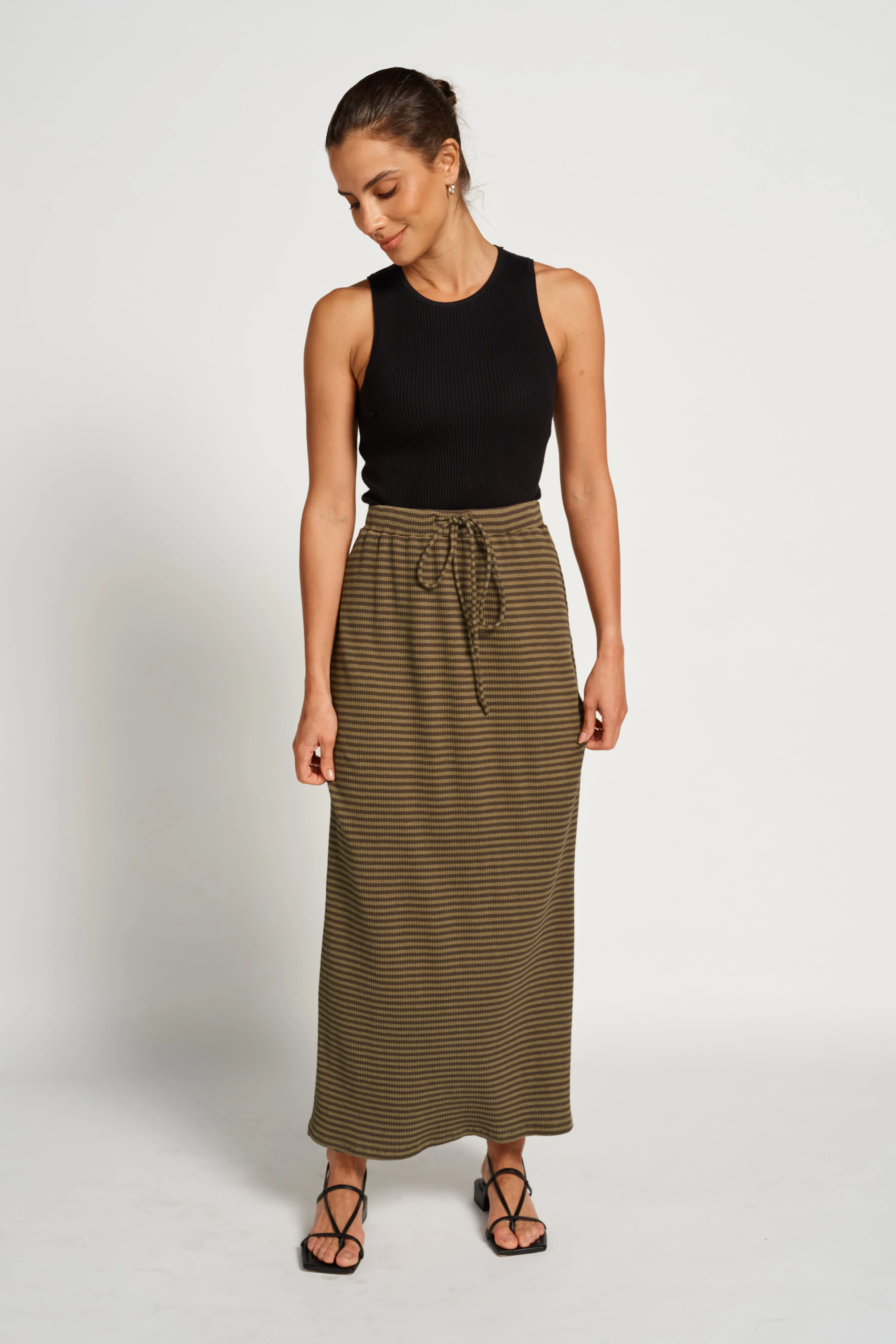 Moss Ribbed Column Midi Skirt - Forest Green Stripe