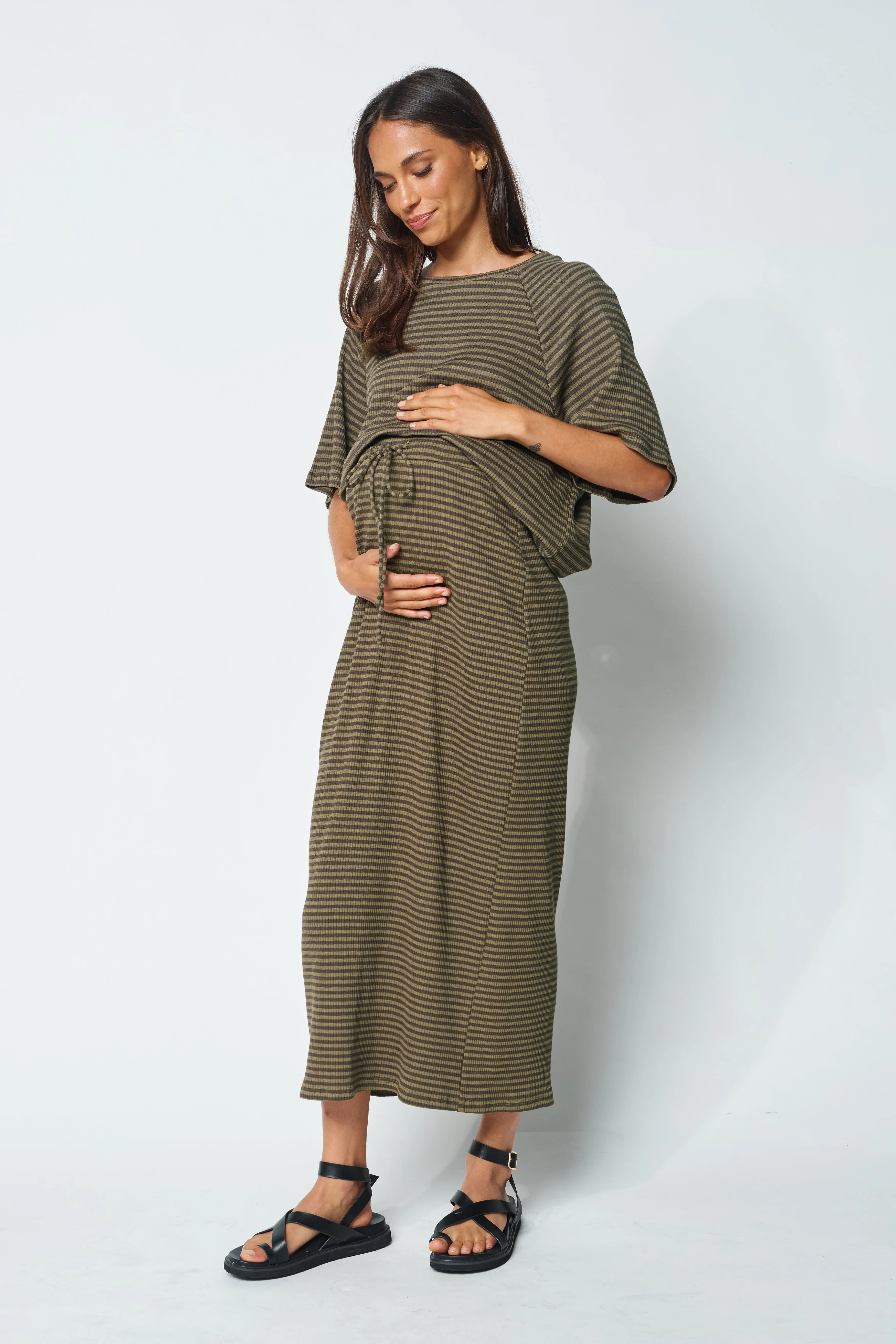 Moss Ribbed Column Midi Skirt - Forest Green Stripe