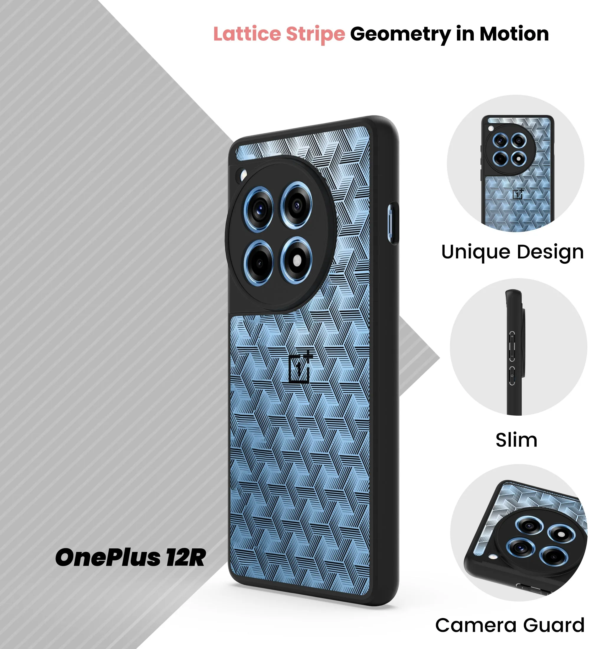 OnePlus 12R 5G (FOSO)  Back Cover Case - Black ( Lattice Stripe)