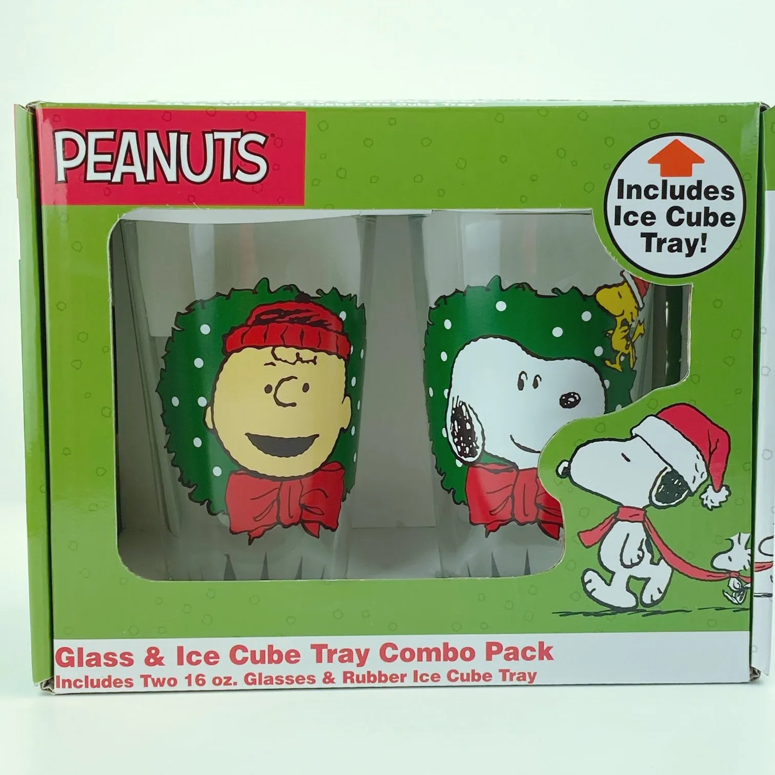 Peanuts Christmas Snoopy & Friends Drinking Glasses Collectors Series Set of Two 16oz with Ice Tray