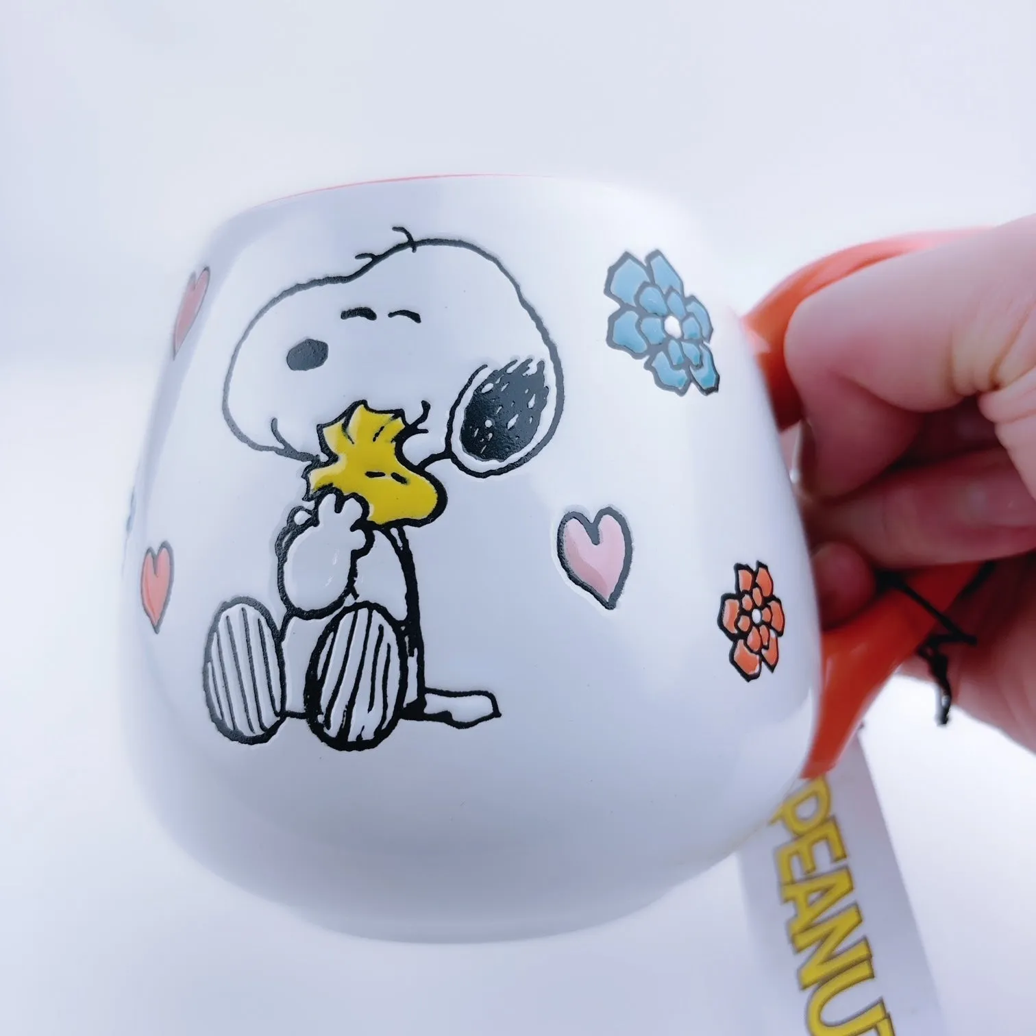 Peanuts Snoopy Hugging Woodstock With Hearts Ceramic Stoneware Orange Mug 20 oz