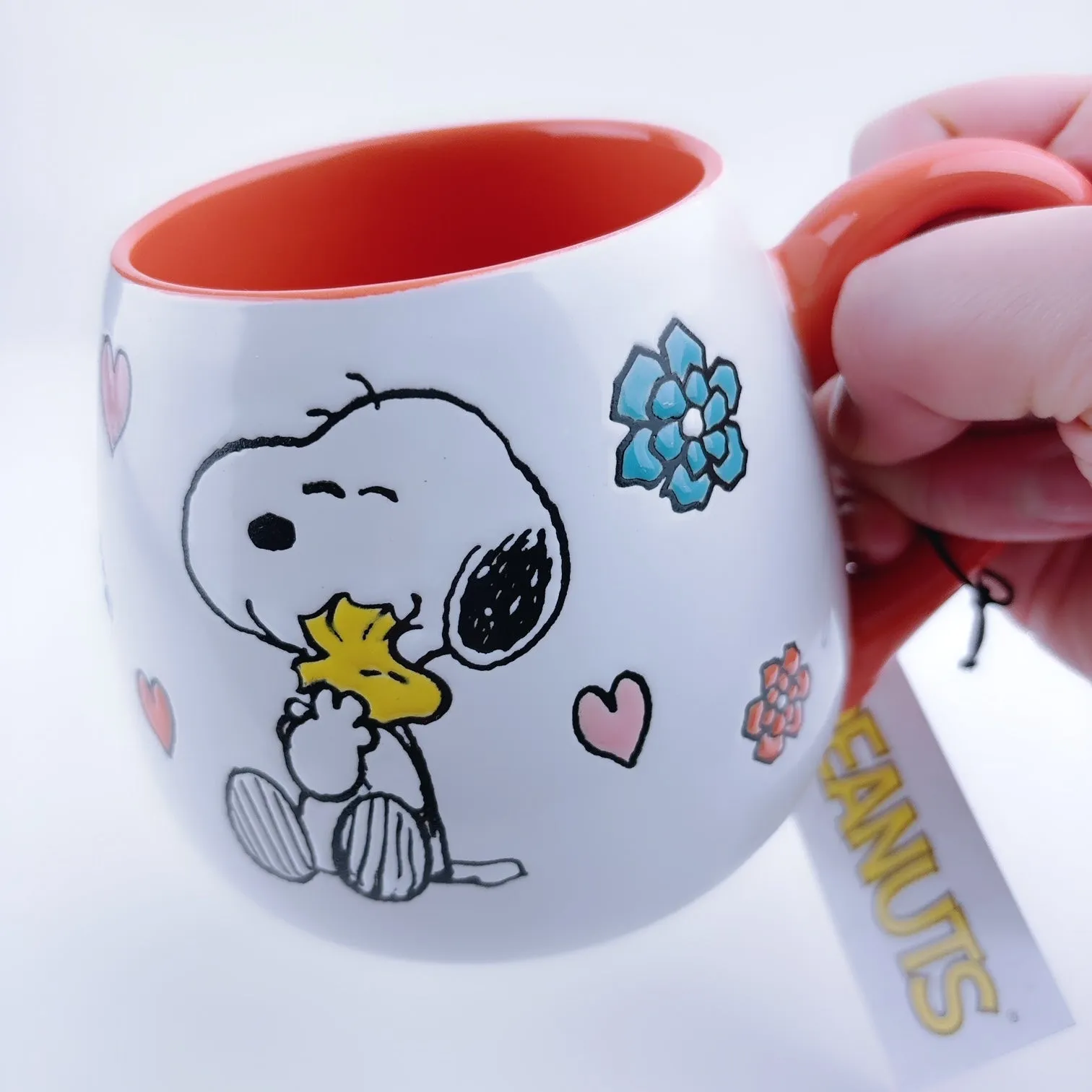 Peanuts Snoopy Hugging Woodstock With Hearts Ceramic Stoneware Orange Mug 20 oz