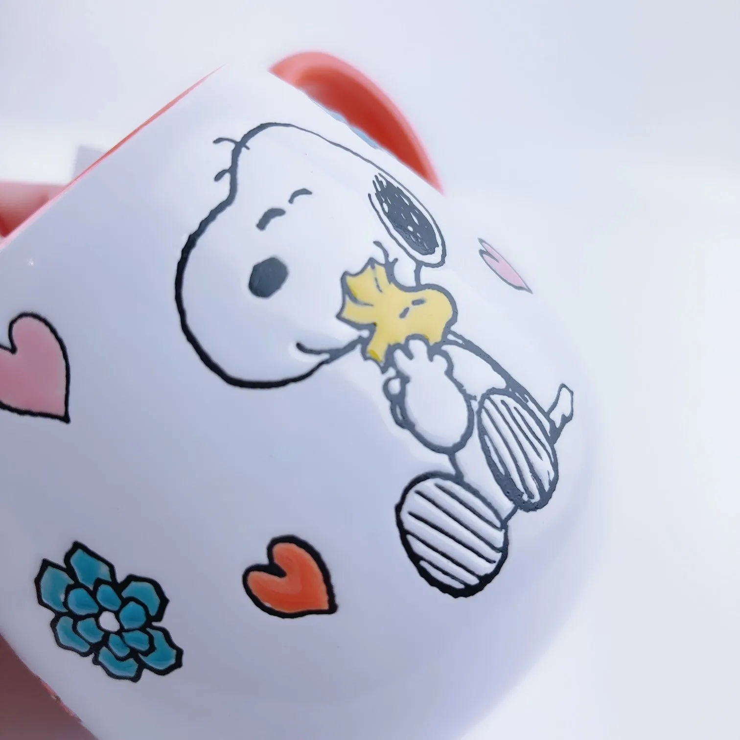 Peanuts Snoopy Hugging Woodstock With Hearts Ceramic Stoneware Orange Mug 20 oz