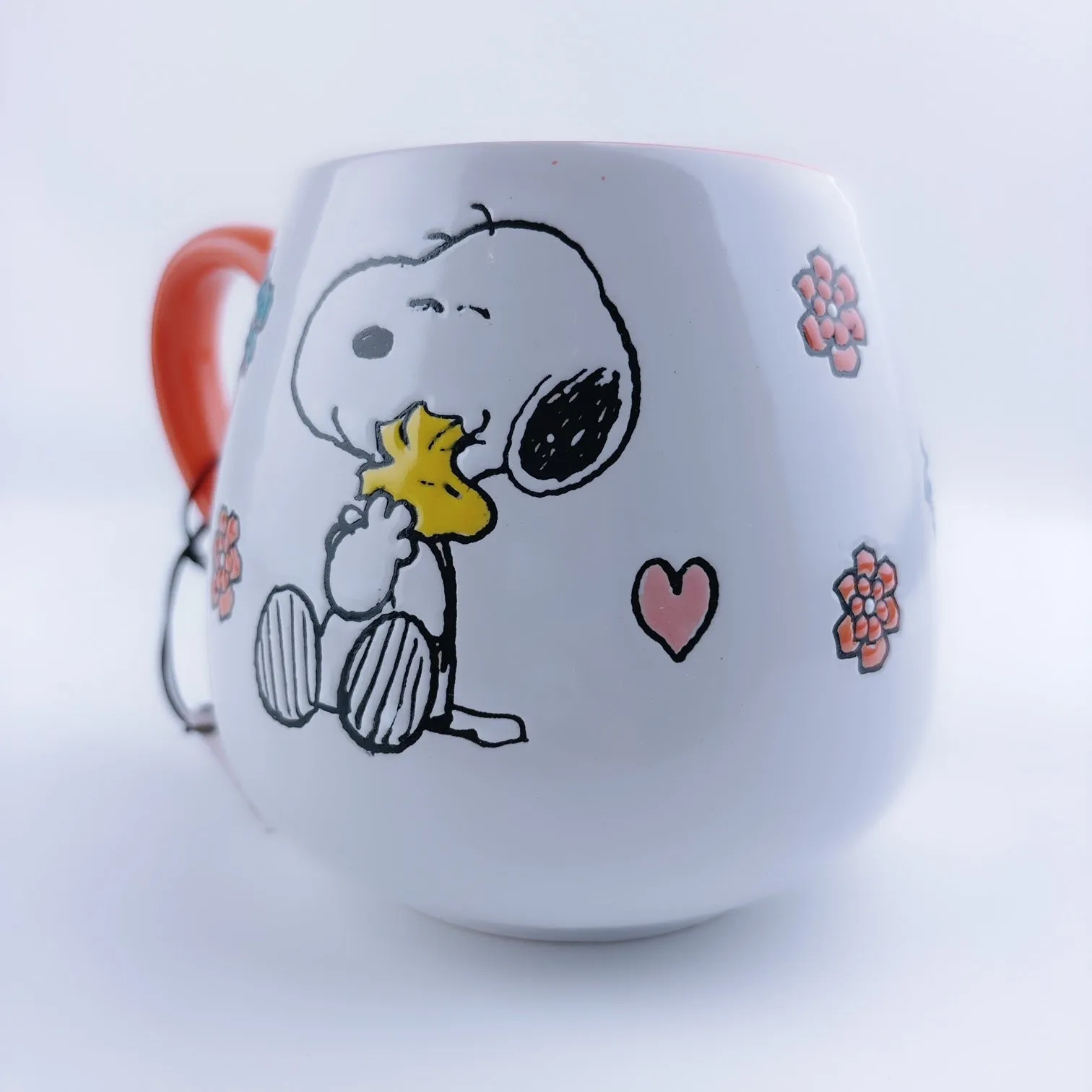 Peanuts Snoopy Hugging Woodstock With Hearts Ceramic Stoneware Orange Mug 20 oz