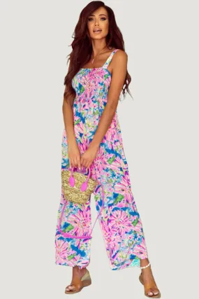 Pink Abstract Floral Painting Smocked Wide Leg Pink Jumpsuit