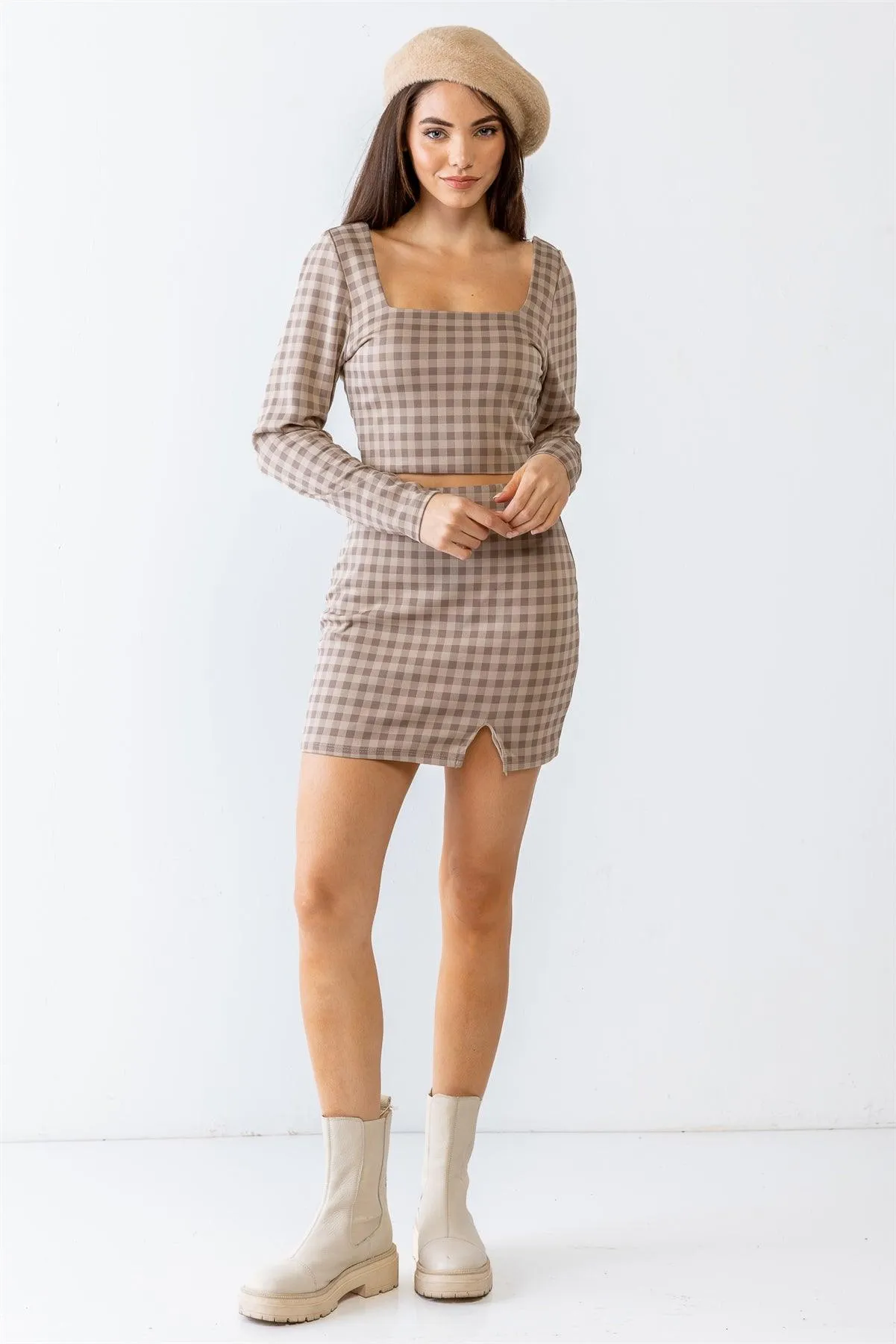 Plaid Print Square Neck Crop Top & High Waist Mini Skirt Set