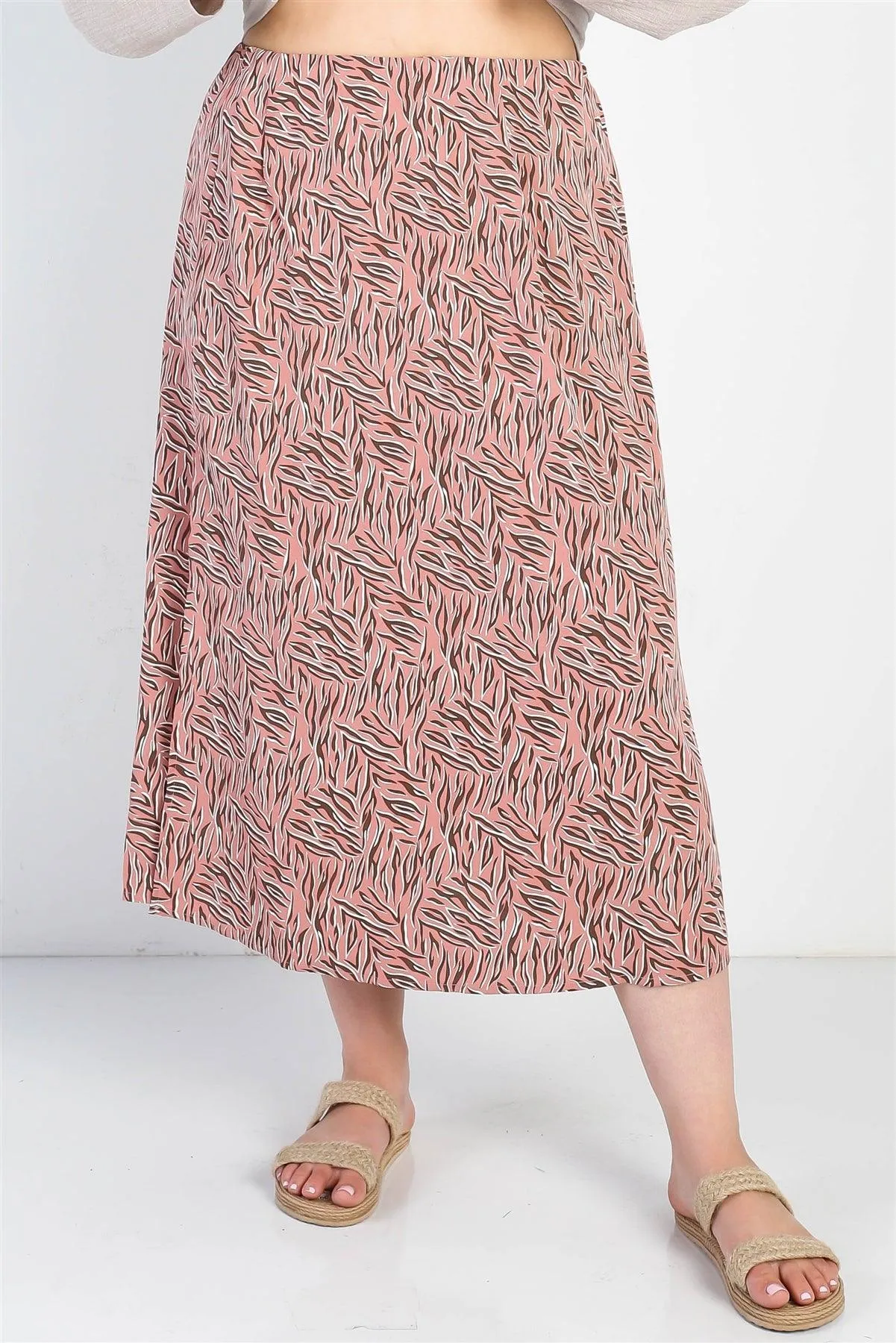 Plus Size Blush Printed High Waist Midi Skirt