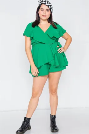 Plus Size Green Mock Wrap Flounce Shaw Mini Short Romper