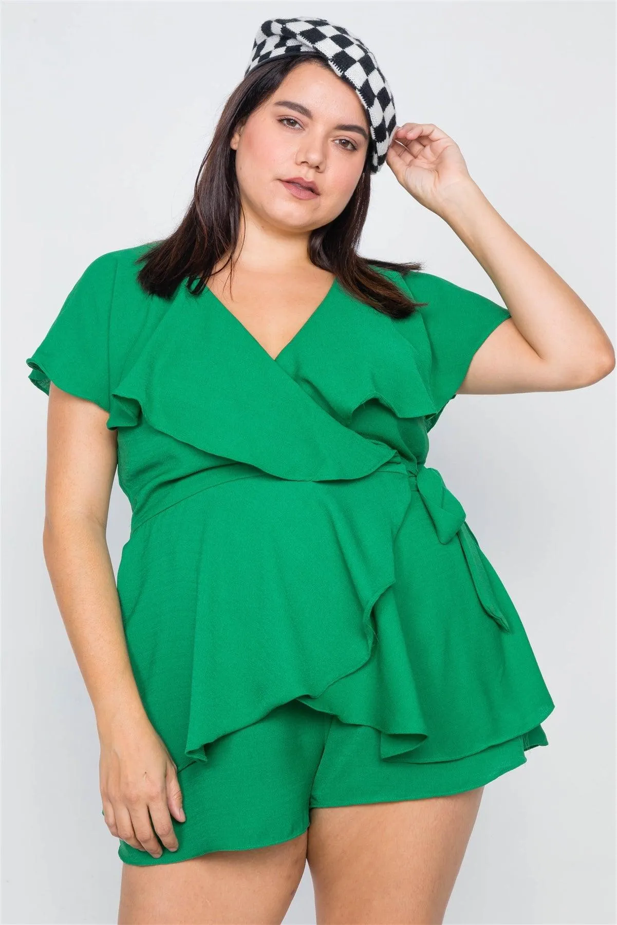 Plus Size Green Mock Wrap Flounce Shaw Mini Short Romper