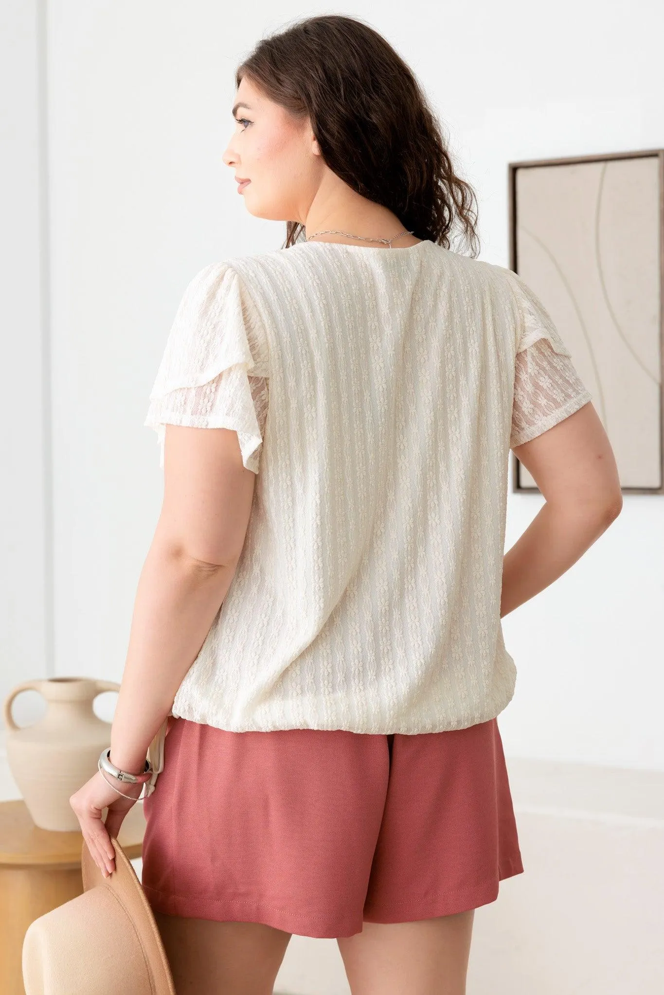 Plus Size Layered Sleeve Drawstring Hem Lace Top