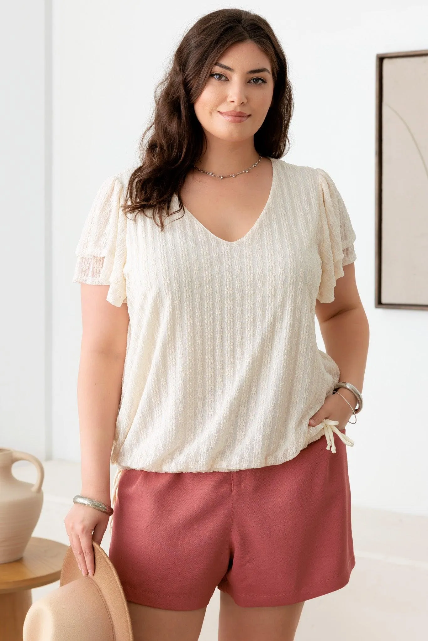 Plus Size Layered Sleeve Drawstring Hem Lace Top