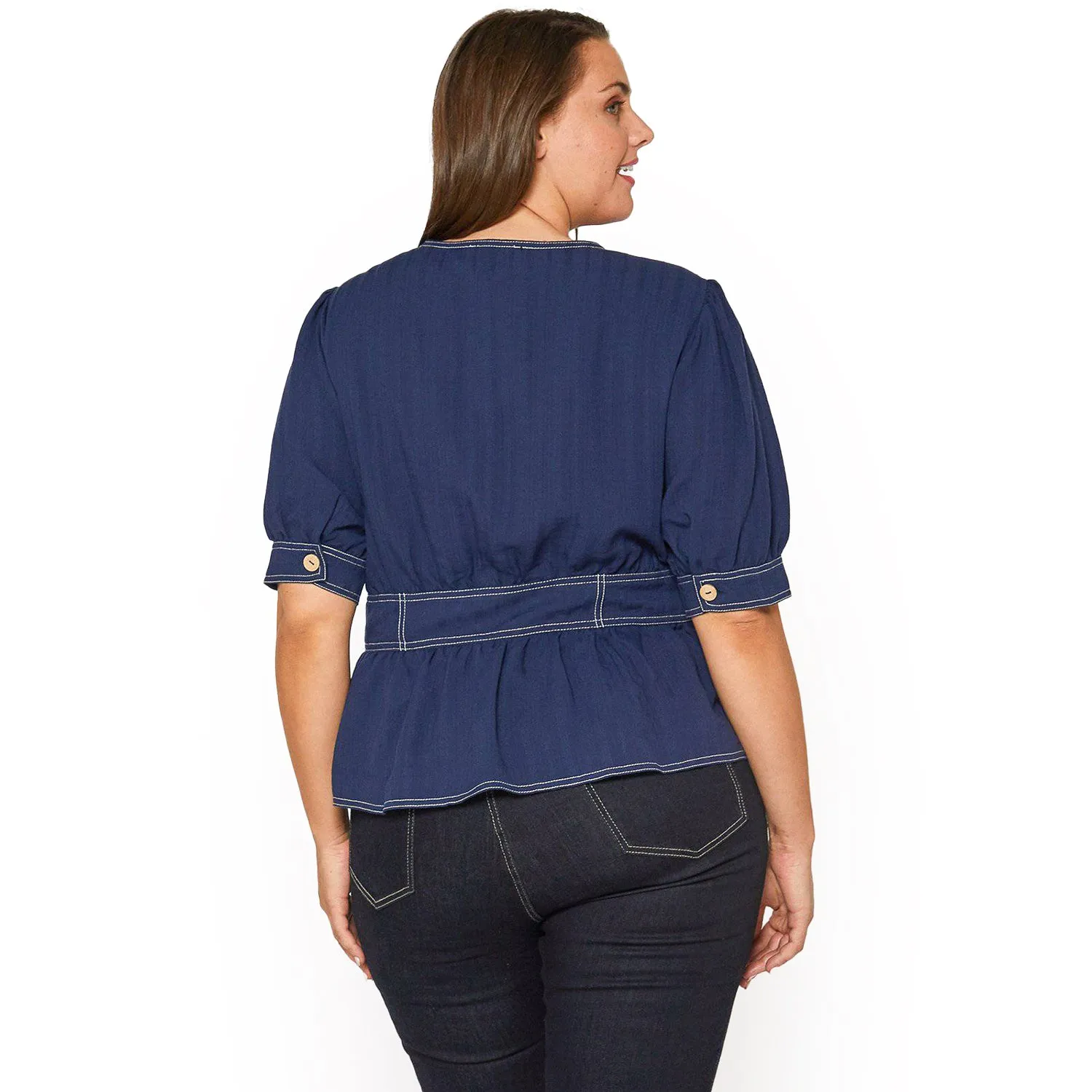 Plus Size Puff Shoulder Button Front Peplum Top in Navy