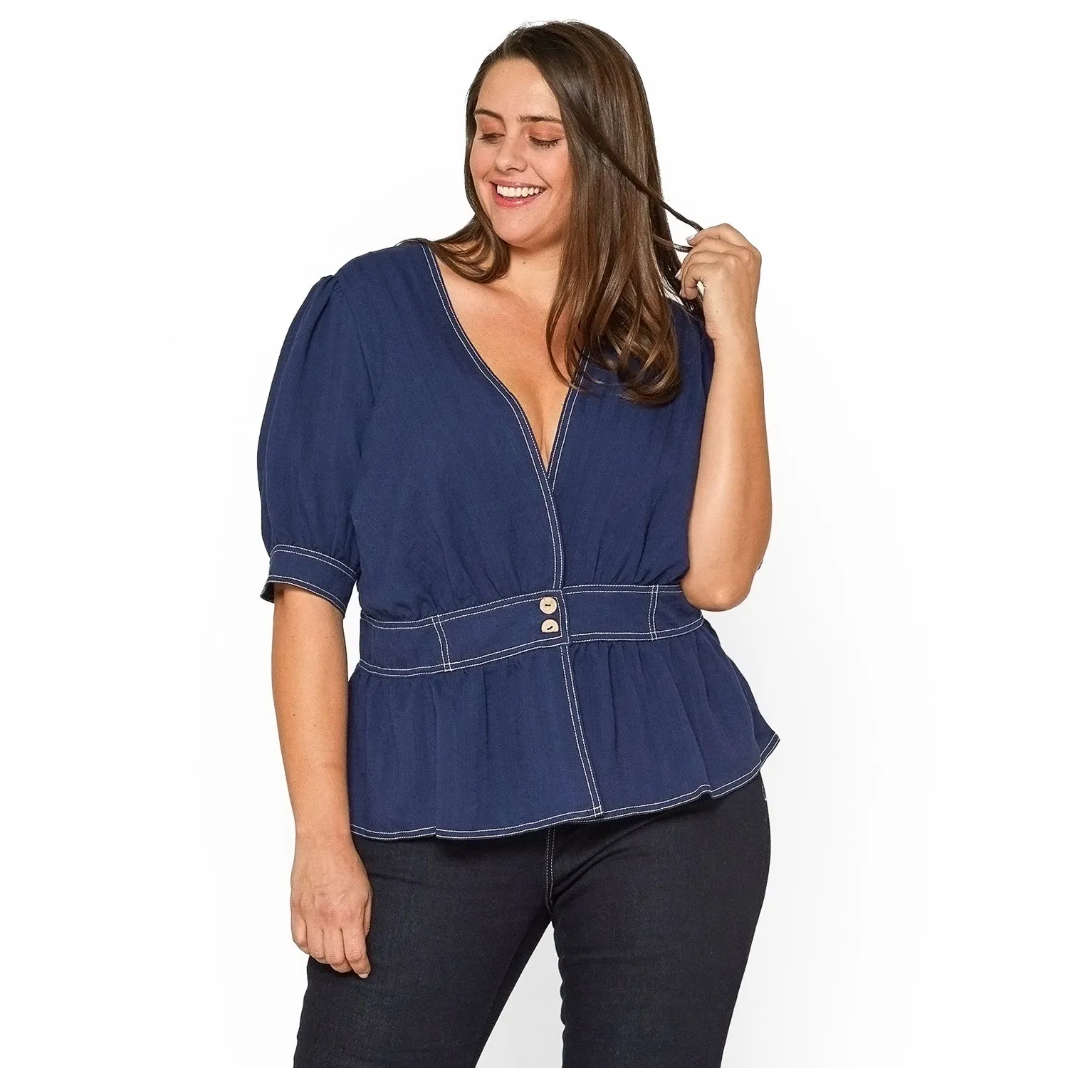 Plus Size Puff Shoulder Button Front Peplum Top in Navy