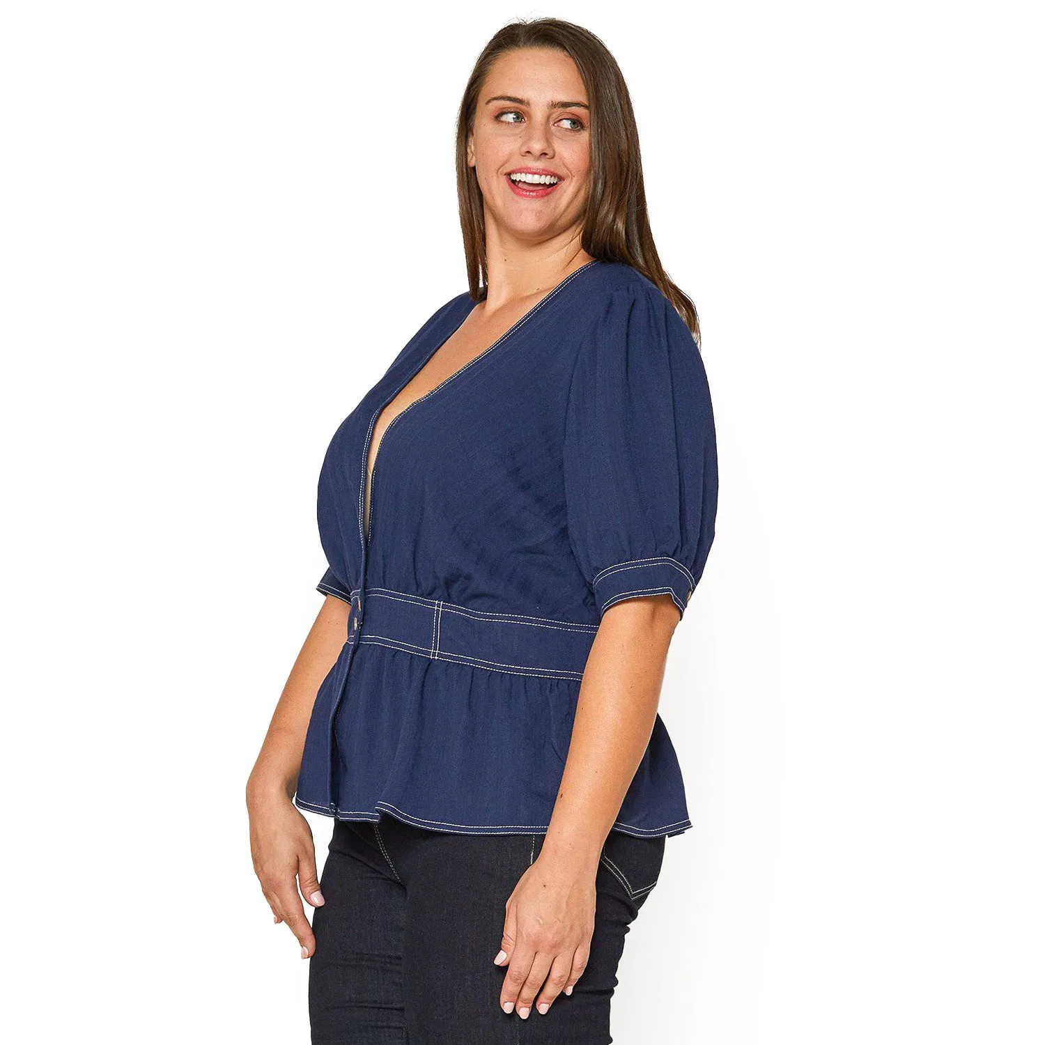 Plus Size Puff Shoulder Button Front Peplum Top in Navy