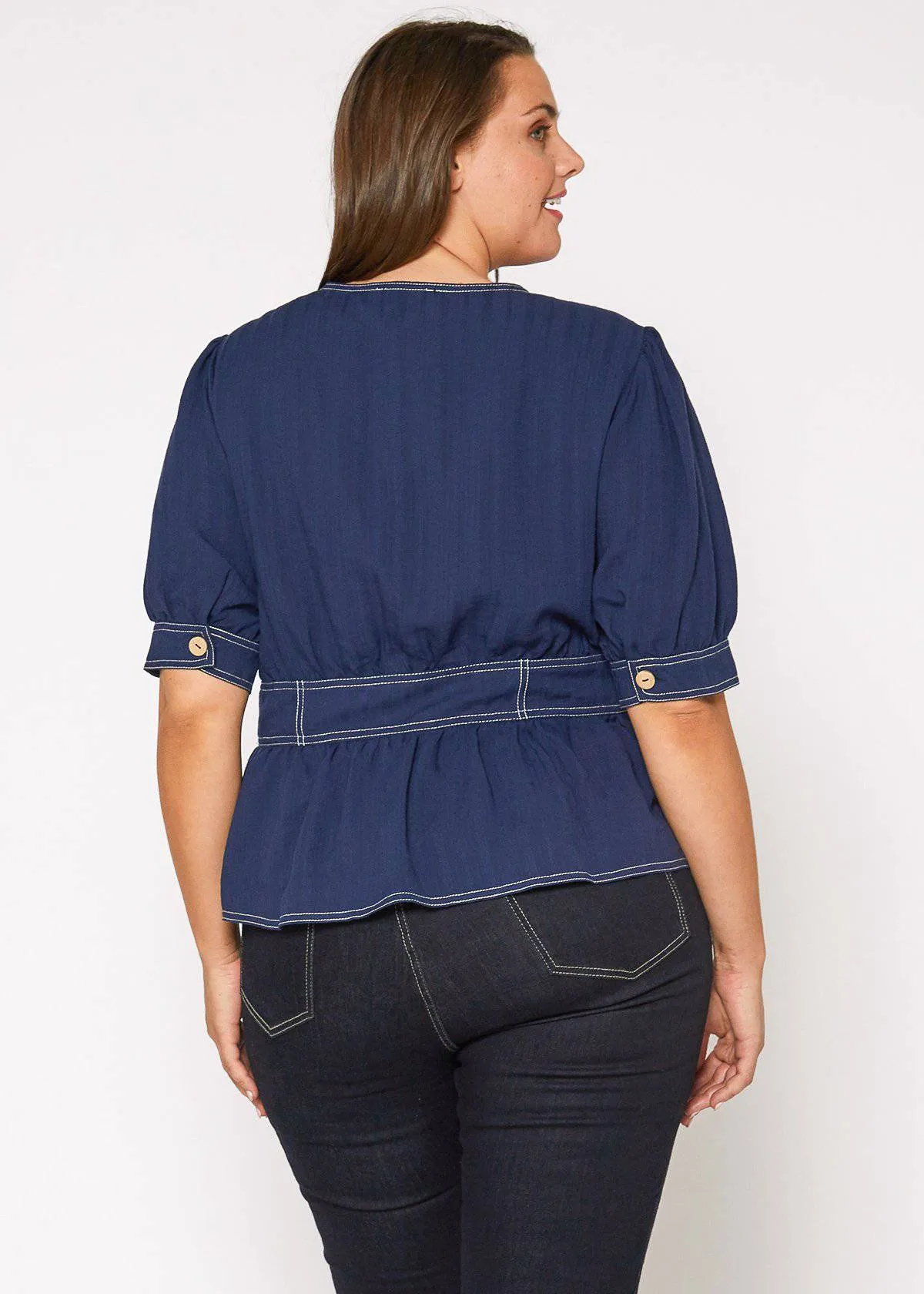 Plus Size Puff Shoulder Button Front Peplum Top in Navy