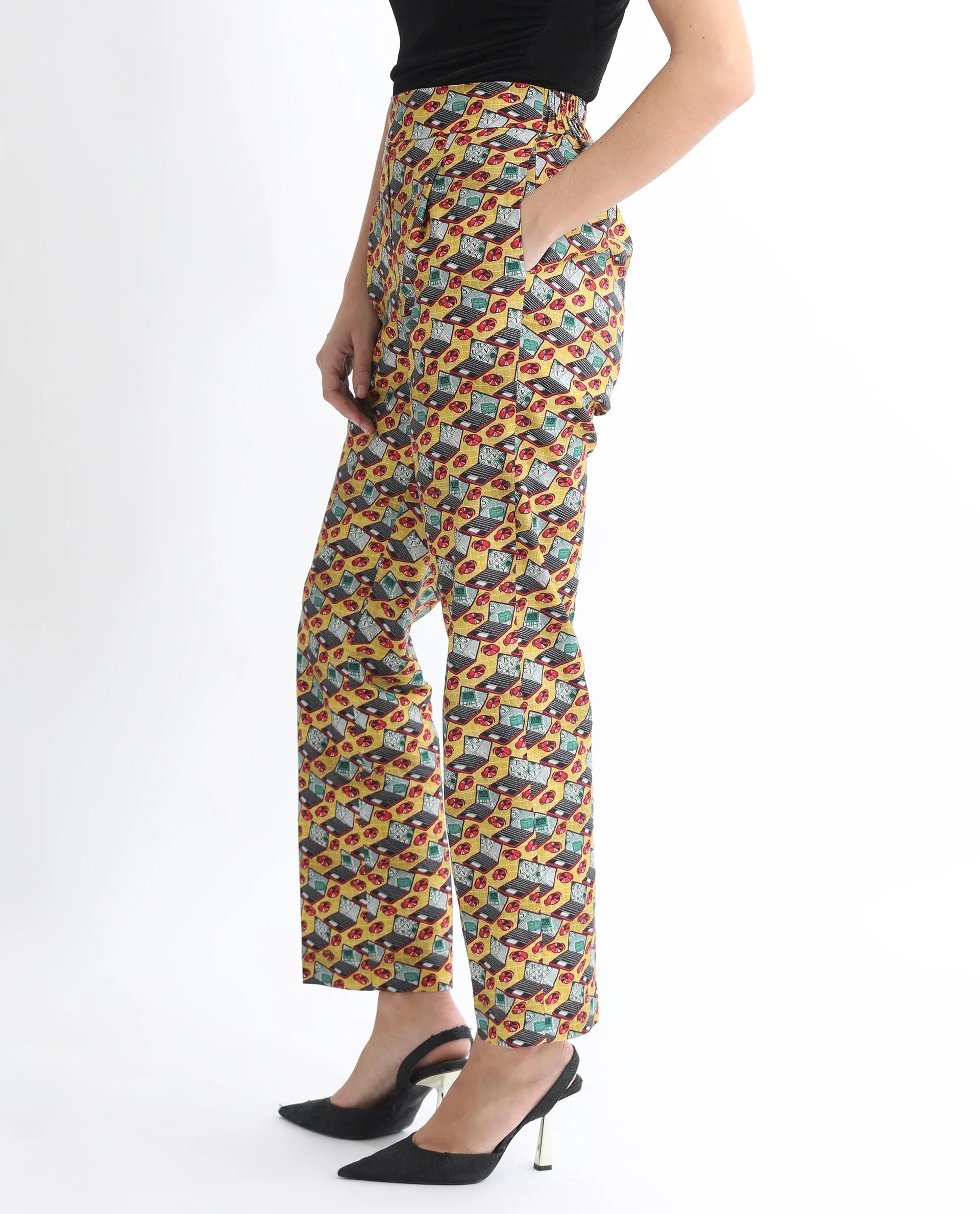 Rareism Women Hertie-B Yellow Cotton Blend Fabric Straight Fit Geometric Print Ankle Length Trousers