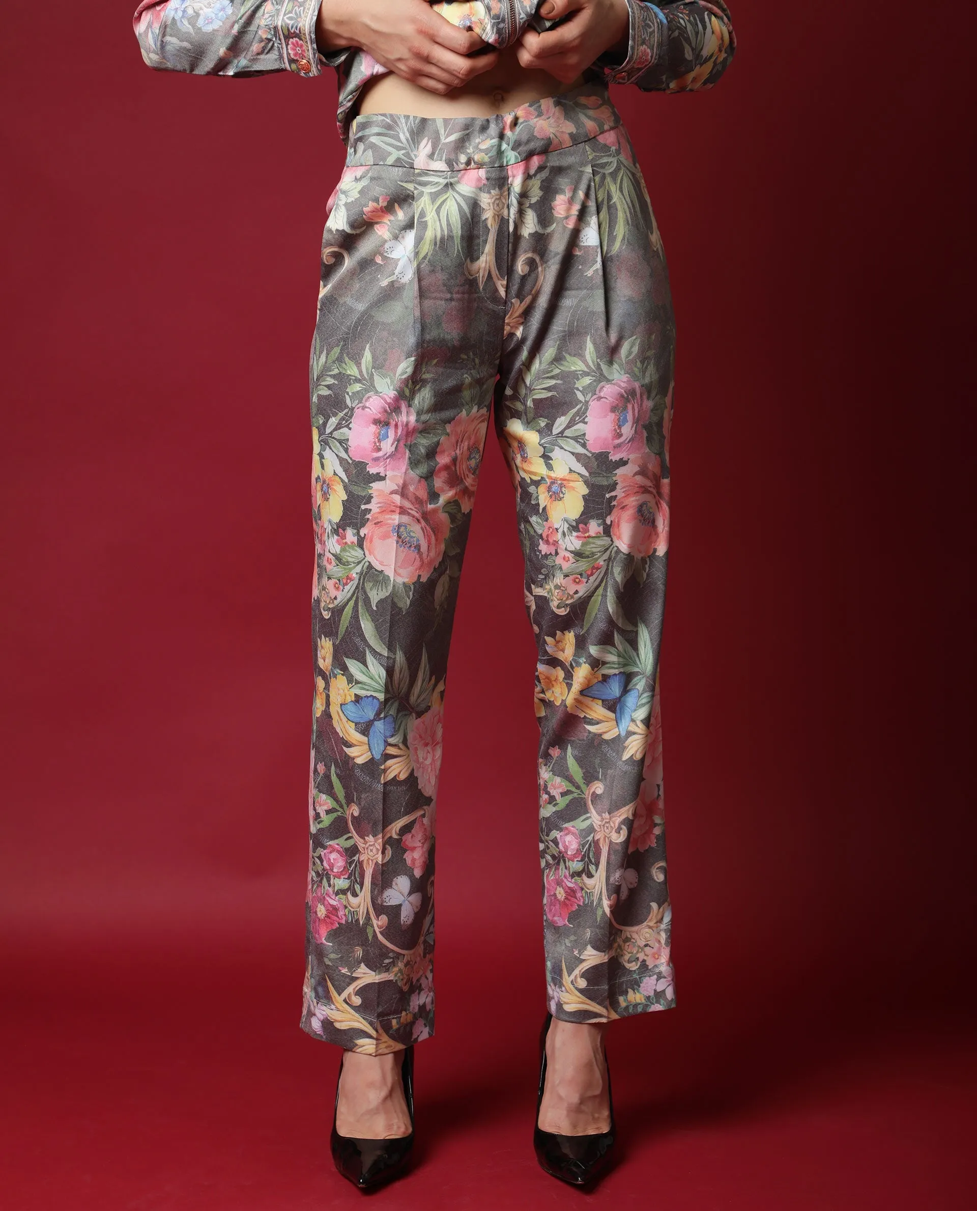 Rareism Women Montebello Multi Poly Viscose Fabric Tailored Fit Floral Print Ankle Length Trousers