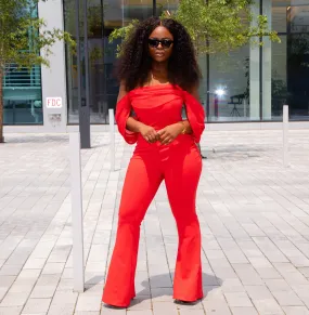 Red Off Shoulder Flared Crepe Jumpsuit