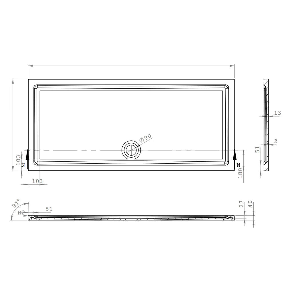 Roman Stone Solid Surface Anti Slip Shower Tray - 1000 x 800 x 40mm