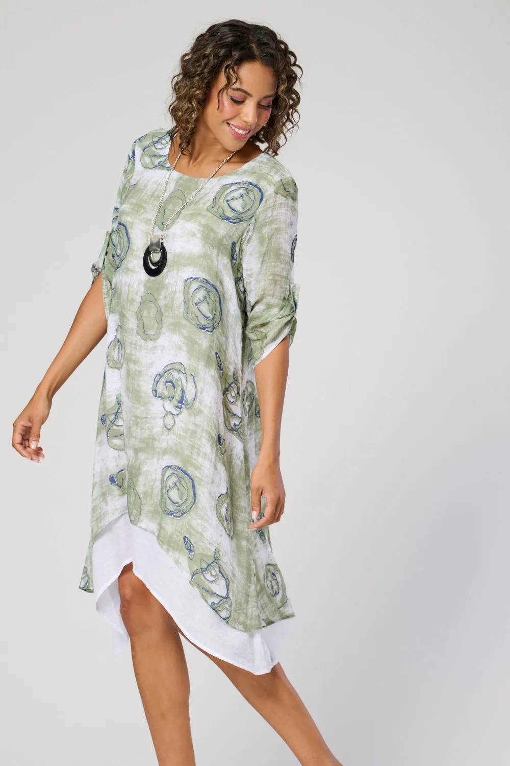 Saloos Swirl Print Double Layer Dress with Necklace