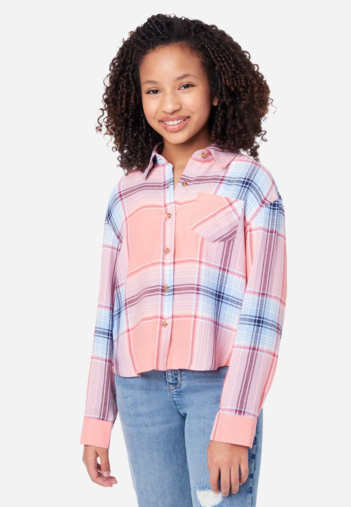 Shrunken Long Sleeve Plaid Button Front