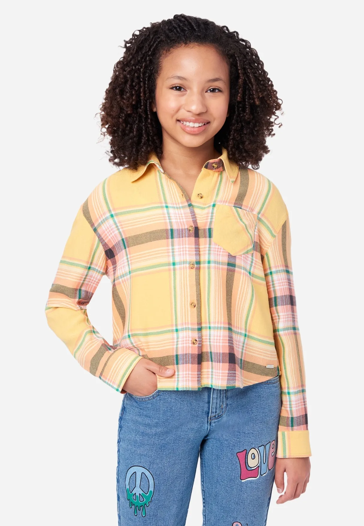 Shrunken Long Sleeve Plaid Button Front