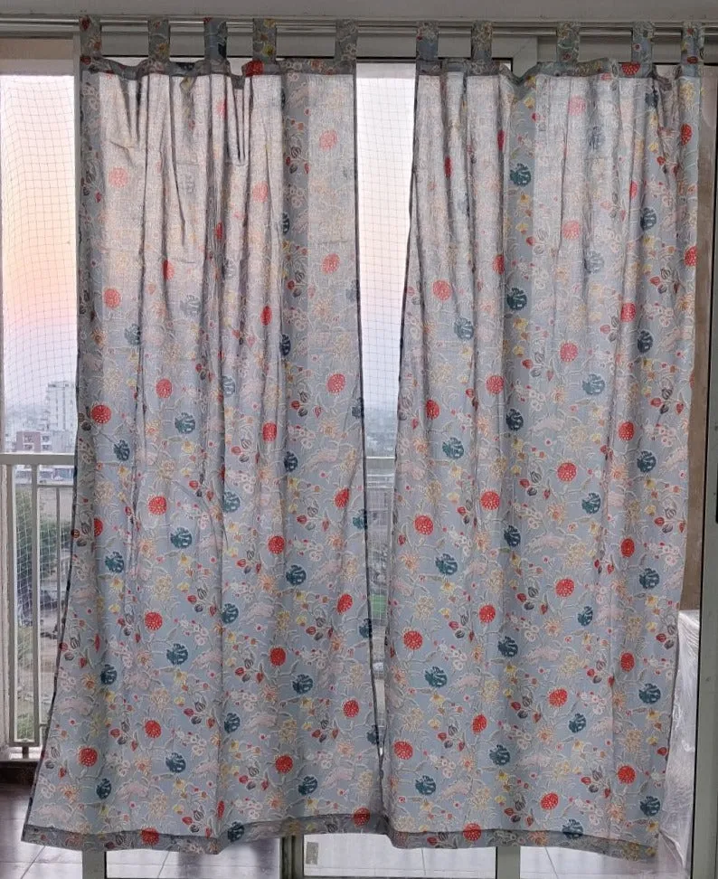 Tropical Fruit cambric Curtain Pair Light Blue