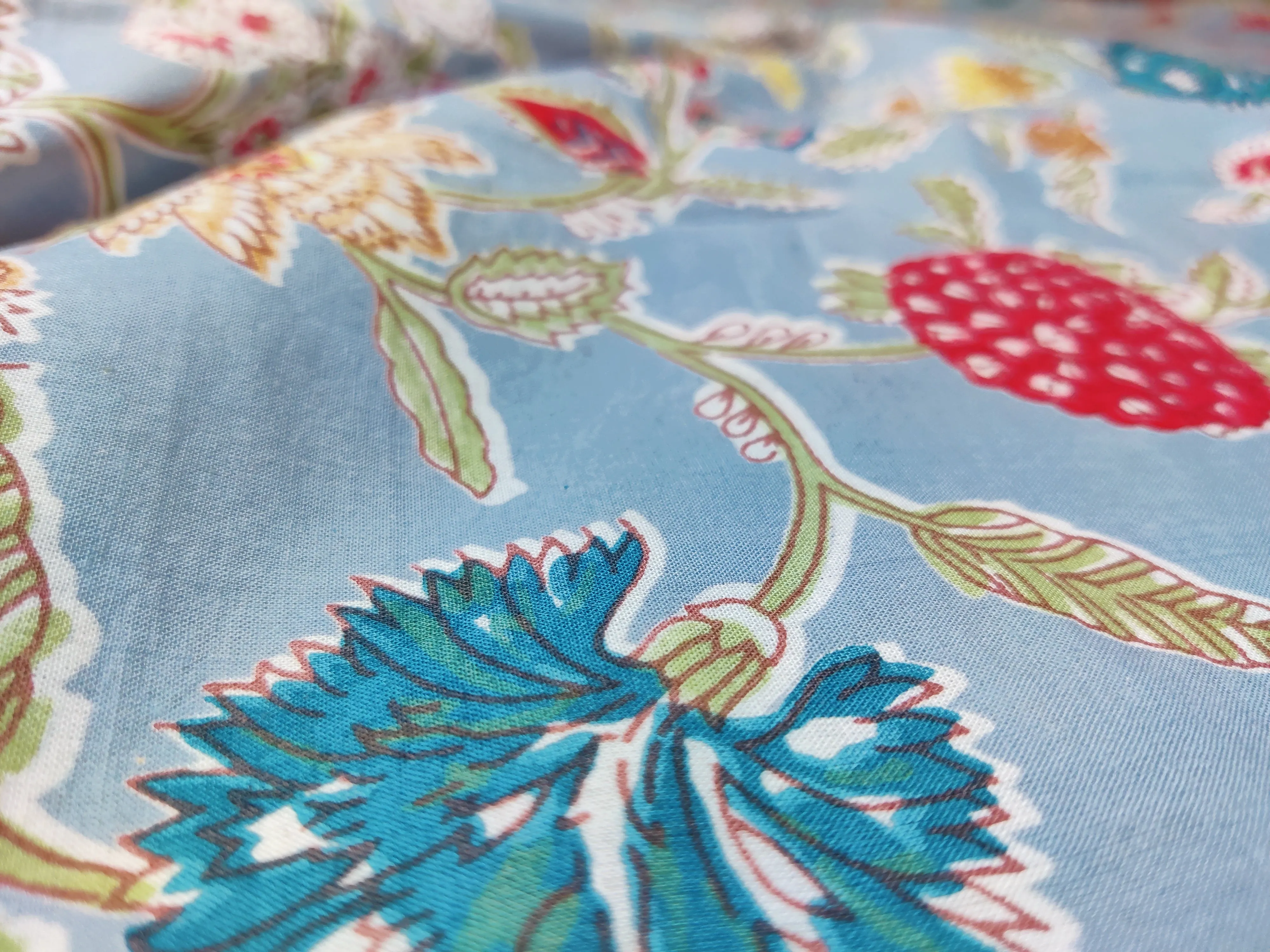 Tropical Fruit cambric Curtain Pair Light Blue